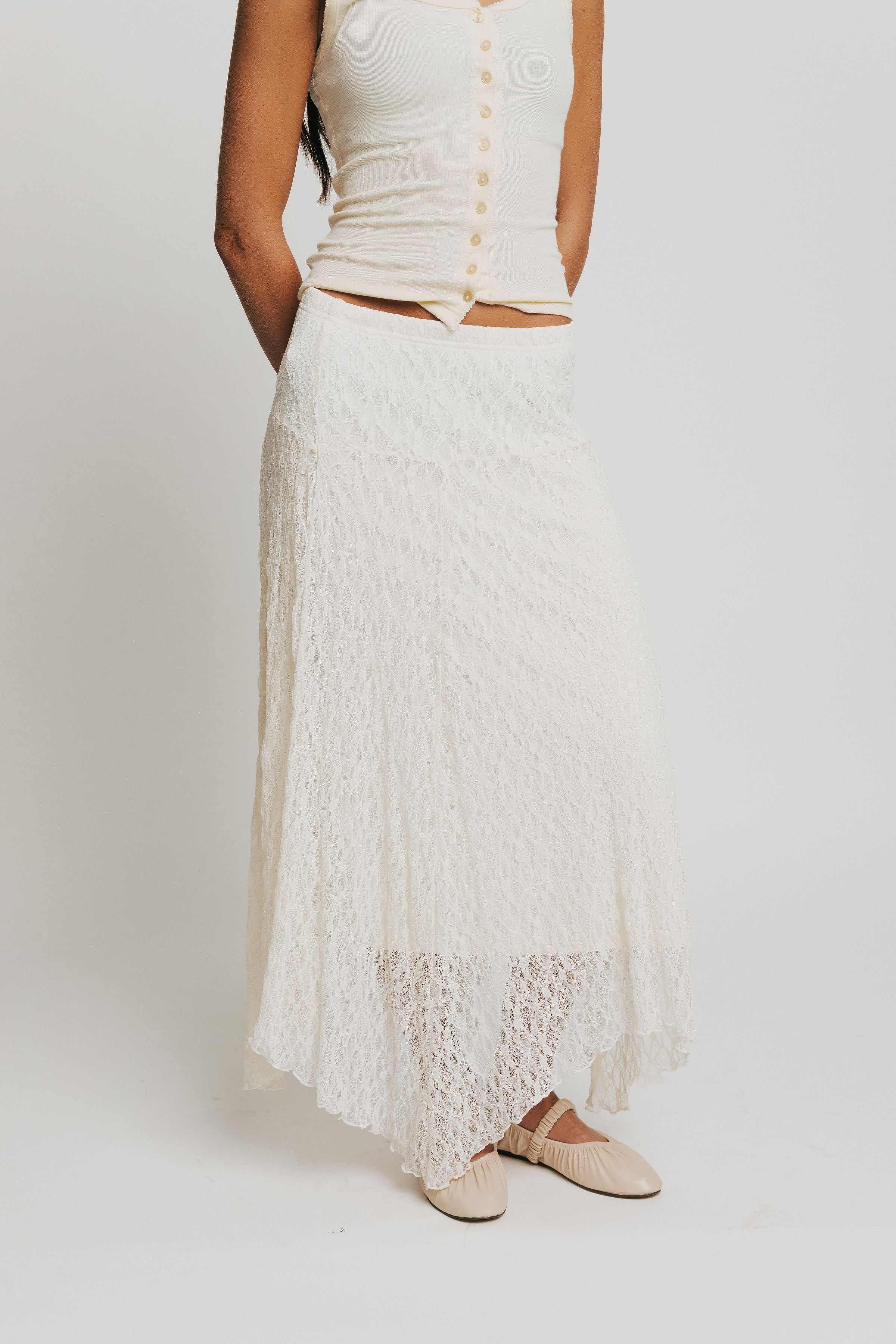 ivory lace maxi skirt with asymmetric hem