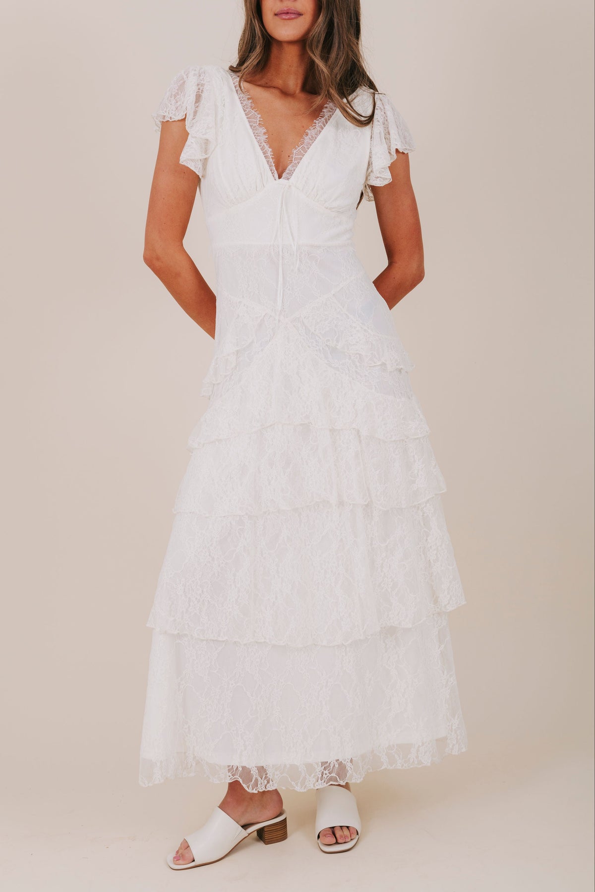 ivory lace tiered v neck maxi dress front