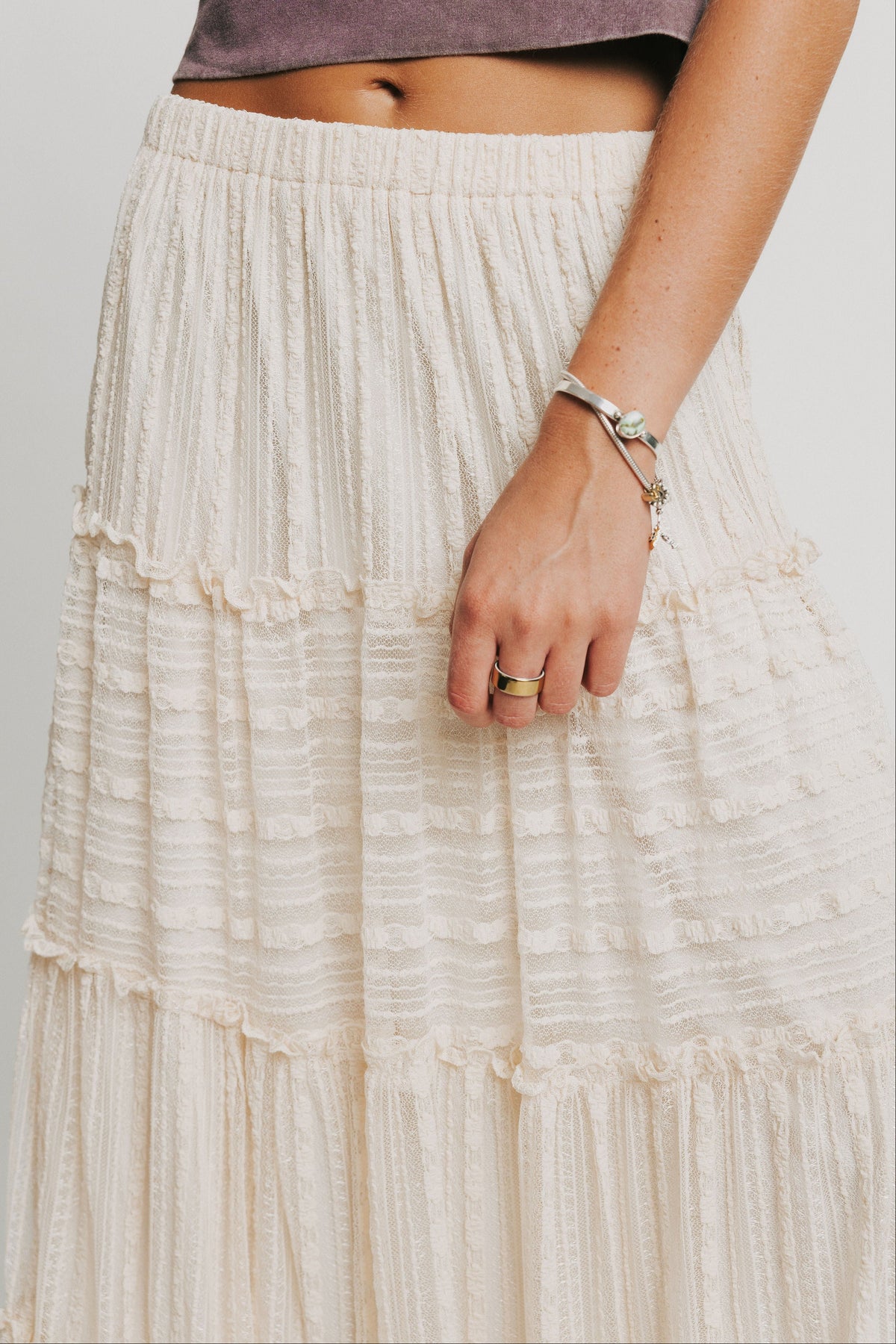 ivory maxi skirt with lace overlay