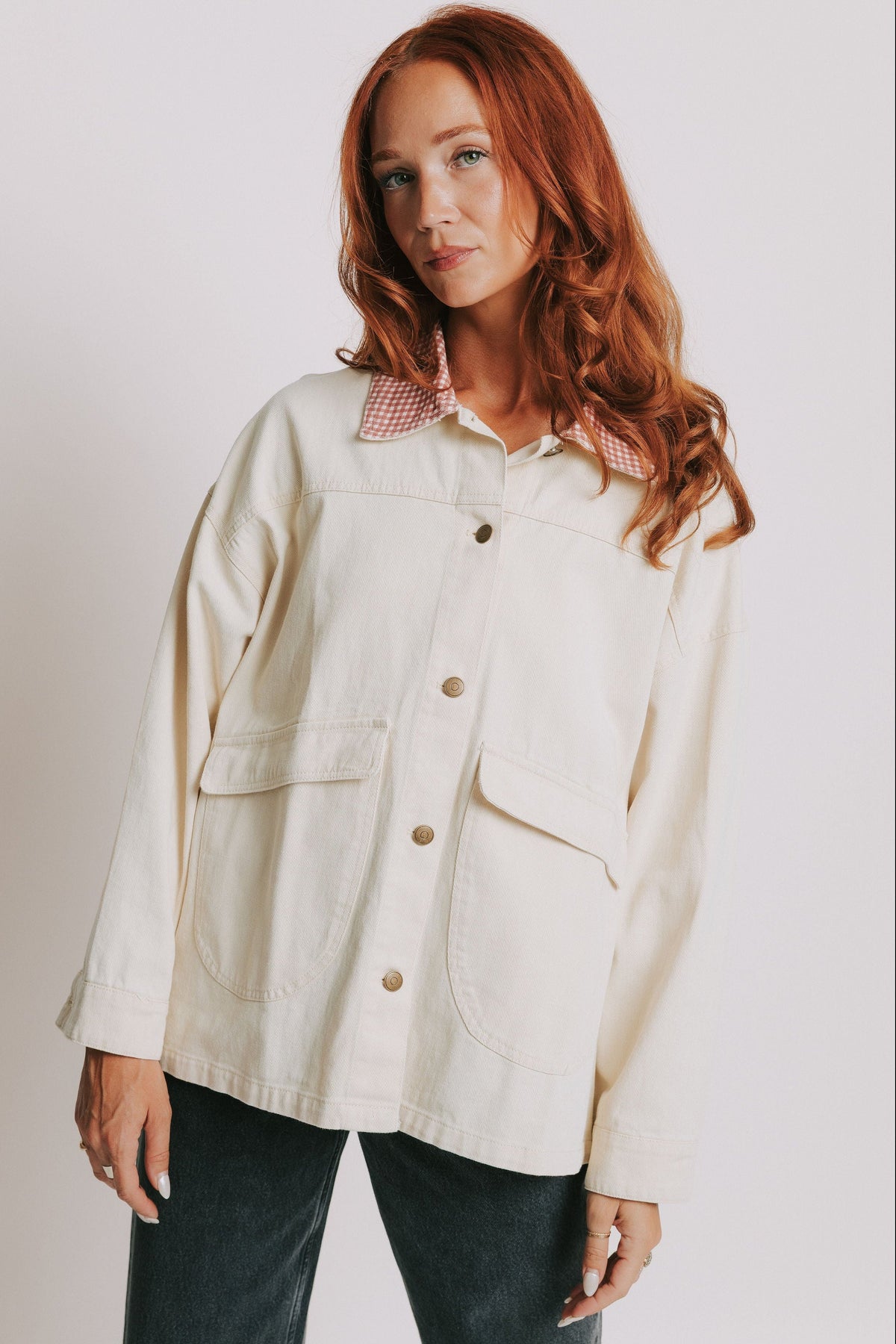 ivory oversized denim jacket with gingham collar