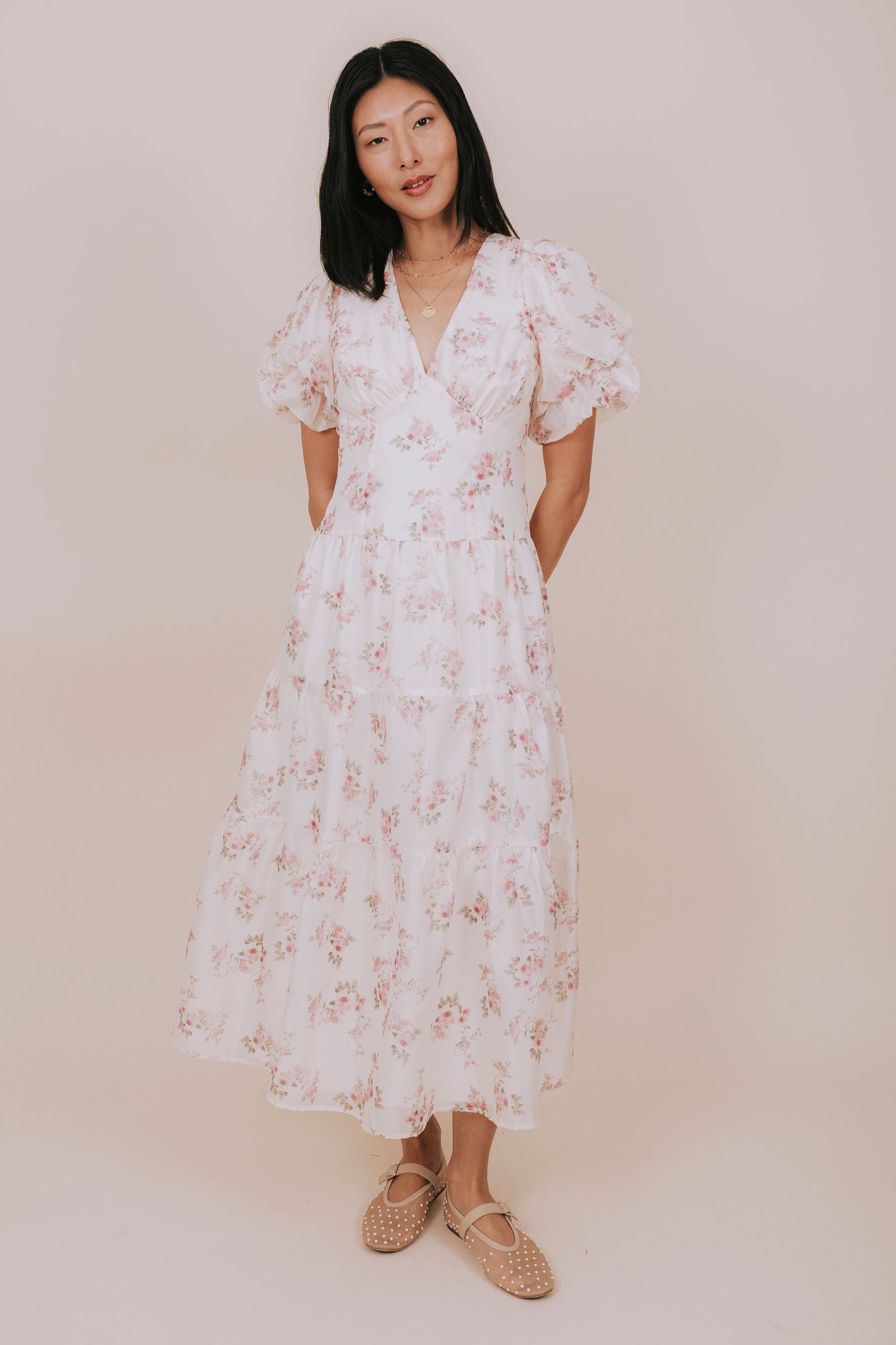 ivory pink floral v-neck maxi dress full