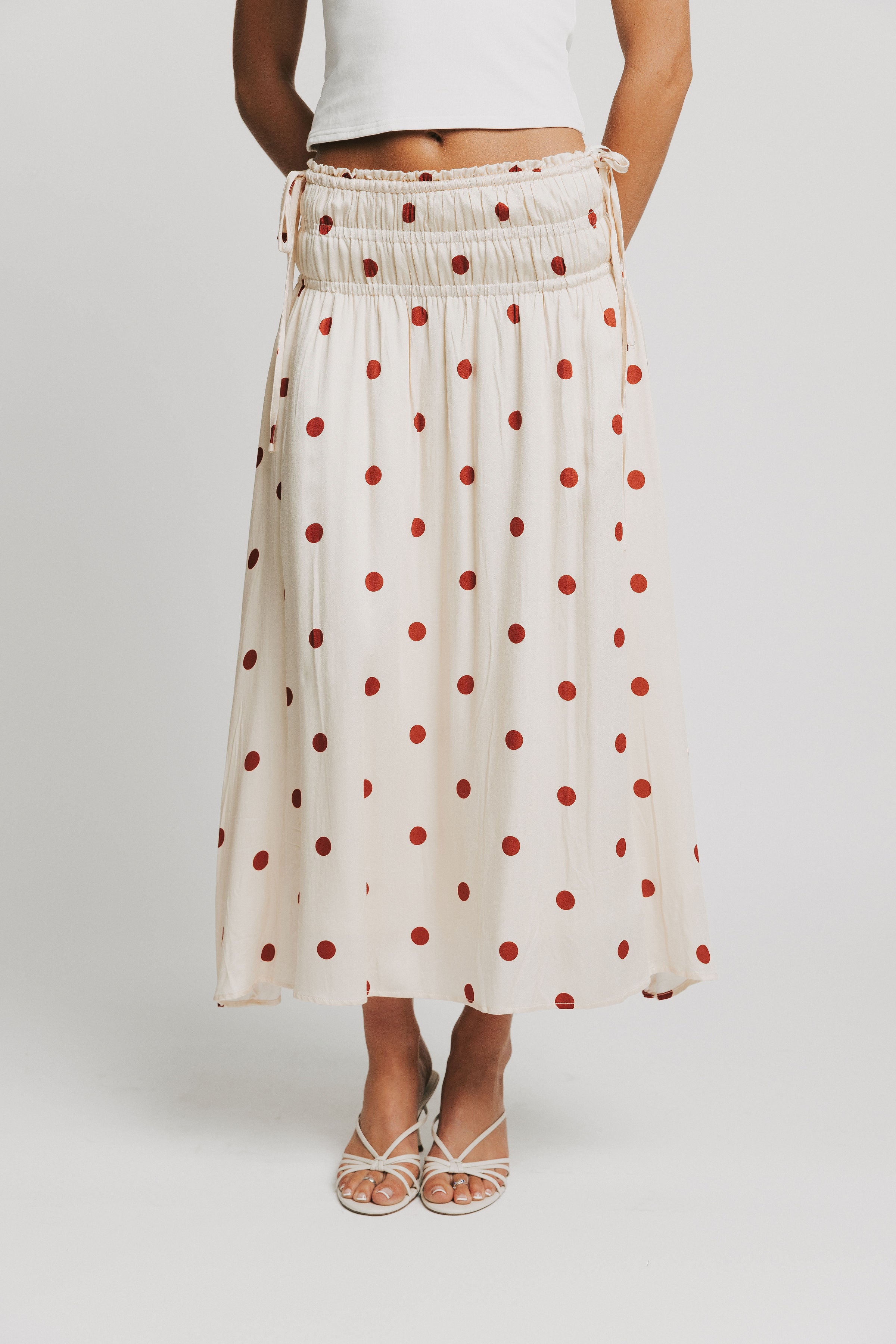 ivory polka dot midi skirt with ruched waistband