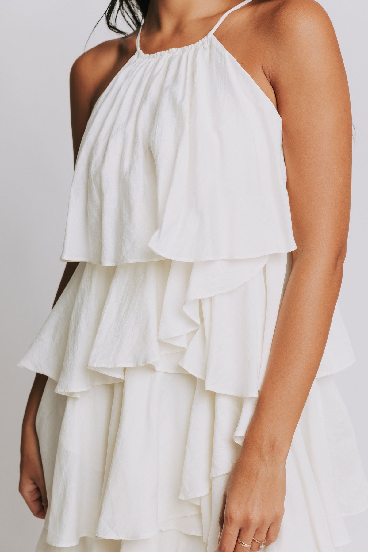 ivory tiered ruffle midi dress front
