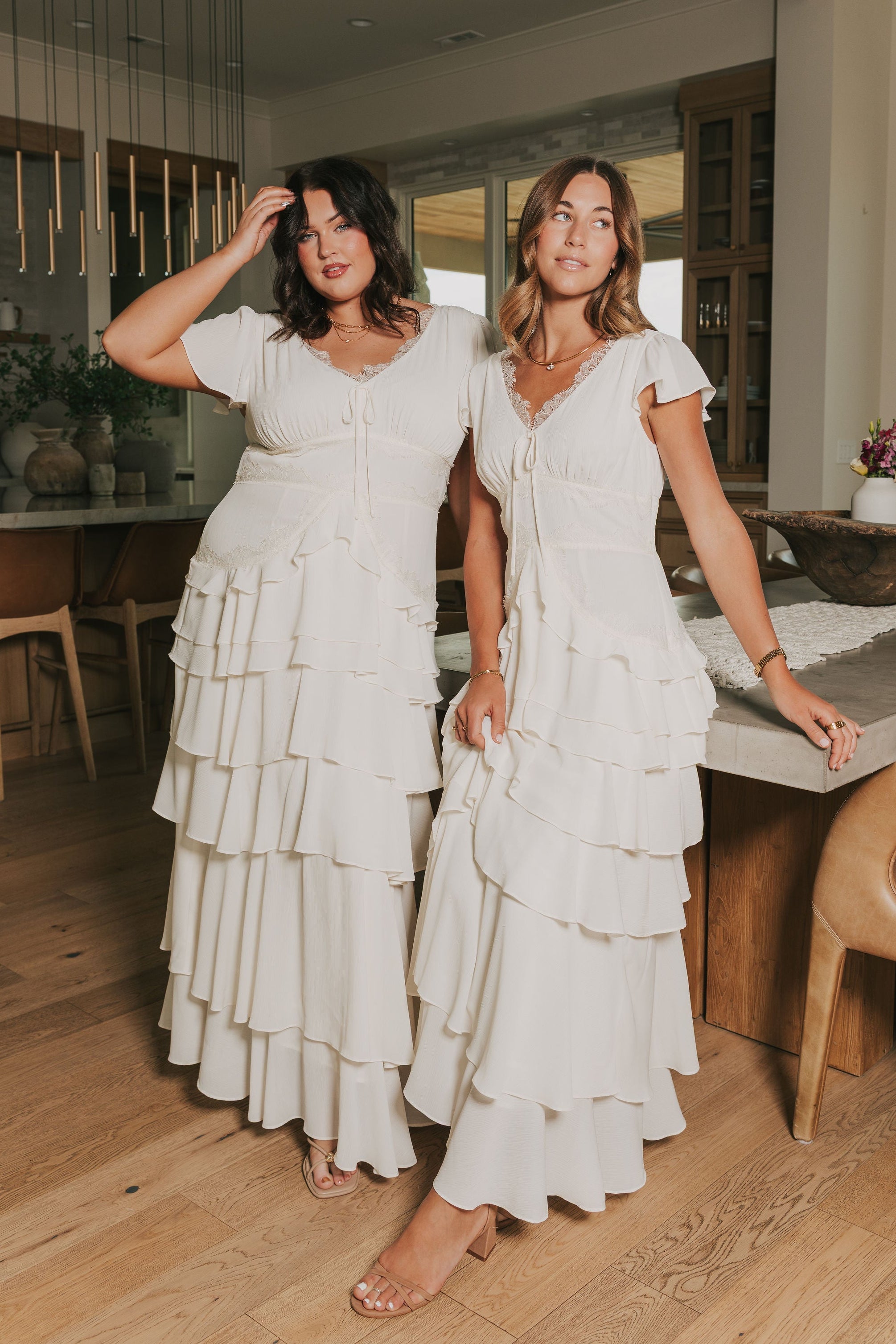 ivory v neck maxi dress with ruffled tiers