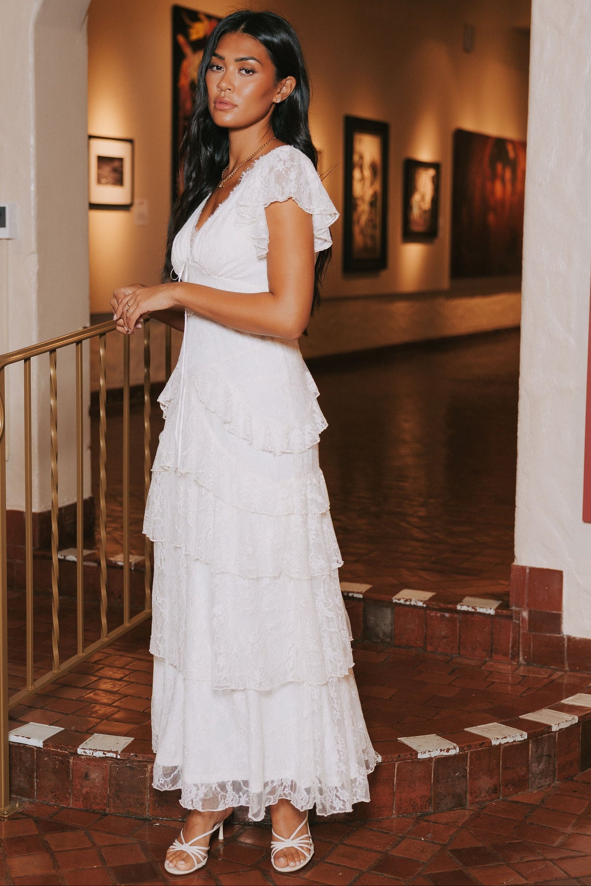 ivory v neck tiered lace dress with flutter sleeves