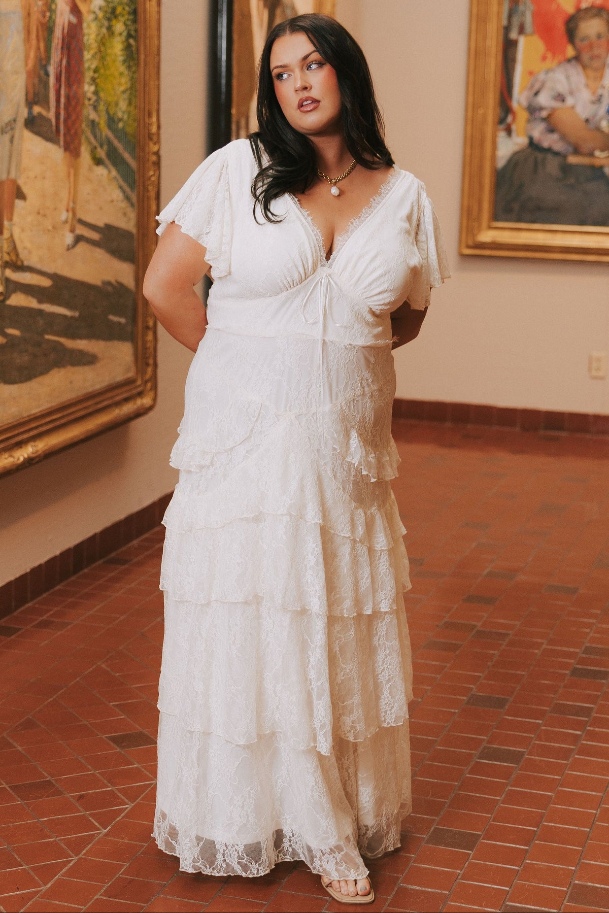 ivory v neck tiered lace dress with flutter sleeves