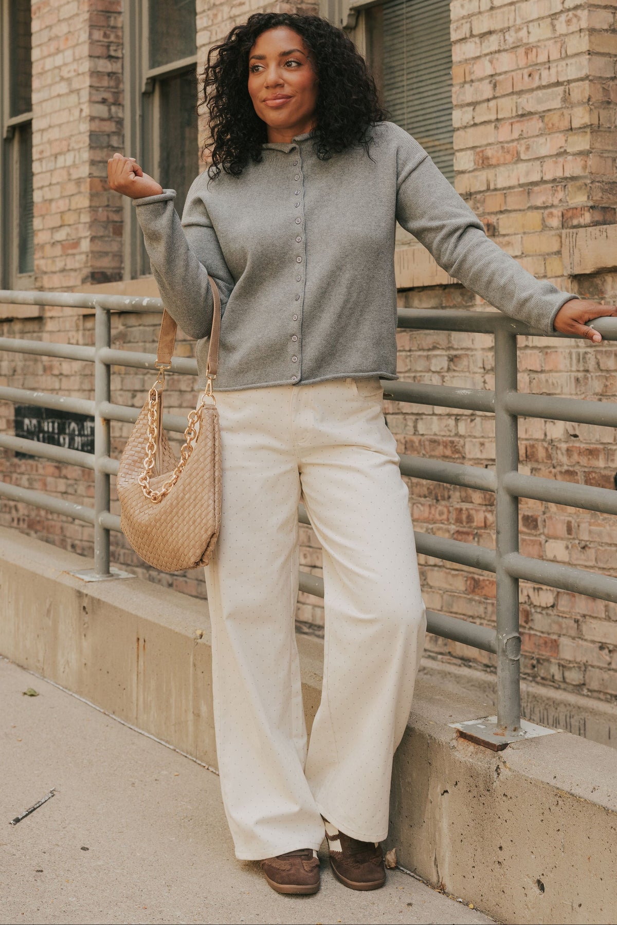 ivory wide leg pants with grey polka dots lifestyle