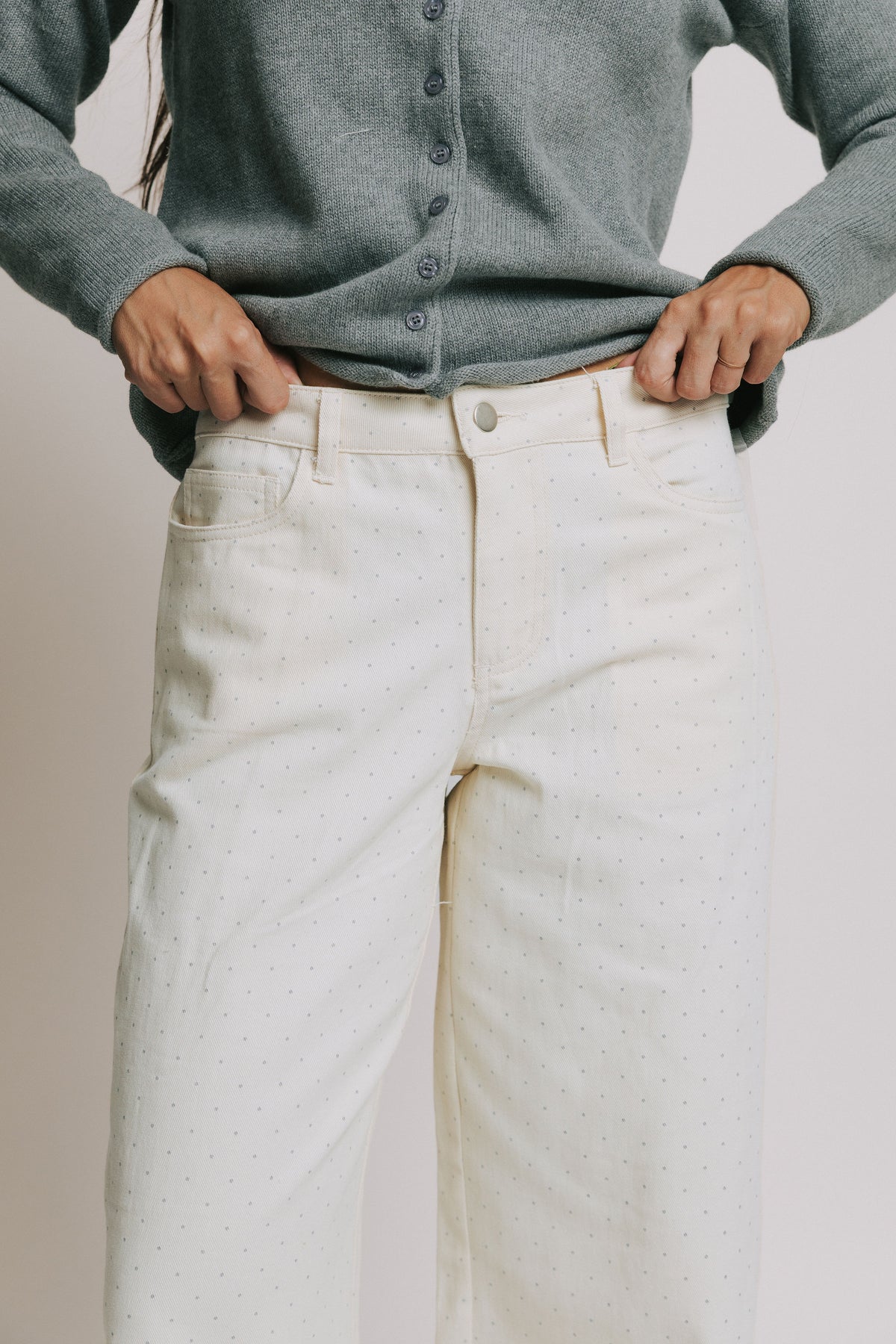 ivory wide leg pants with grey polka dots