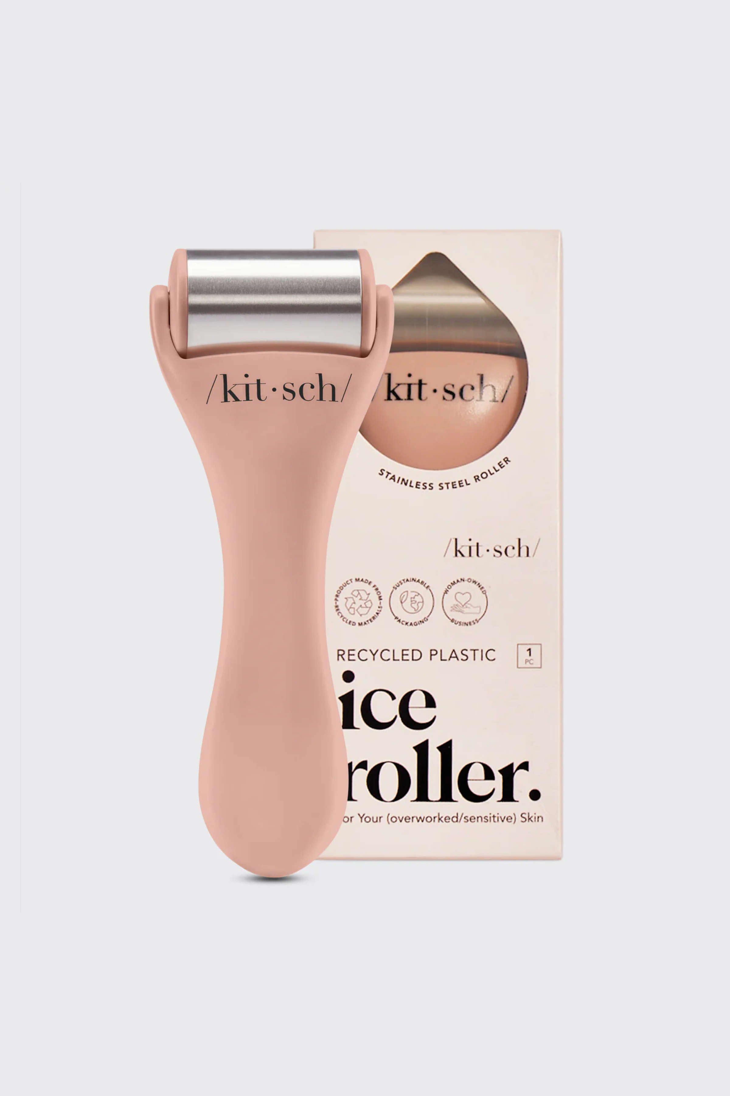 Stainless steel ice roller for overworked sensitive skin, made with recycled plastic.