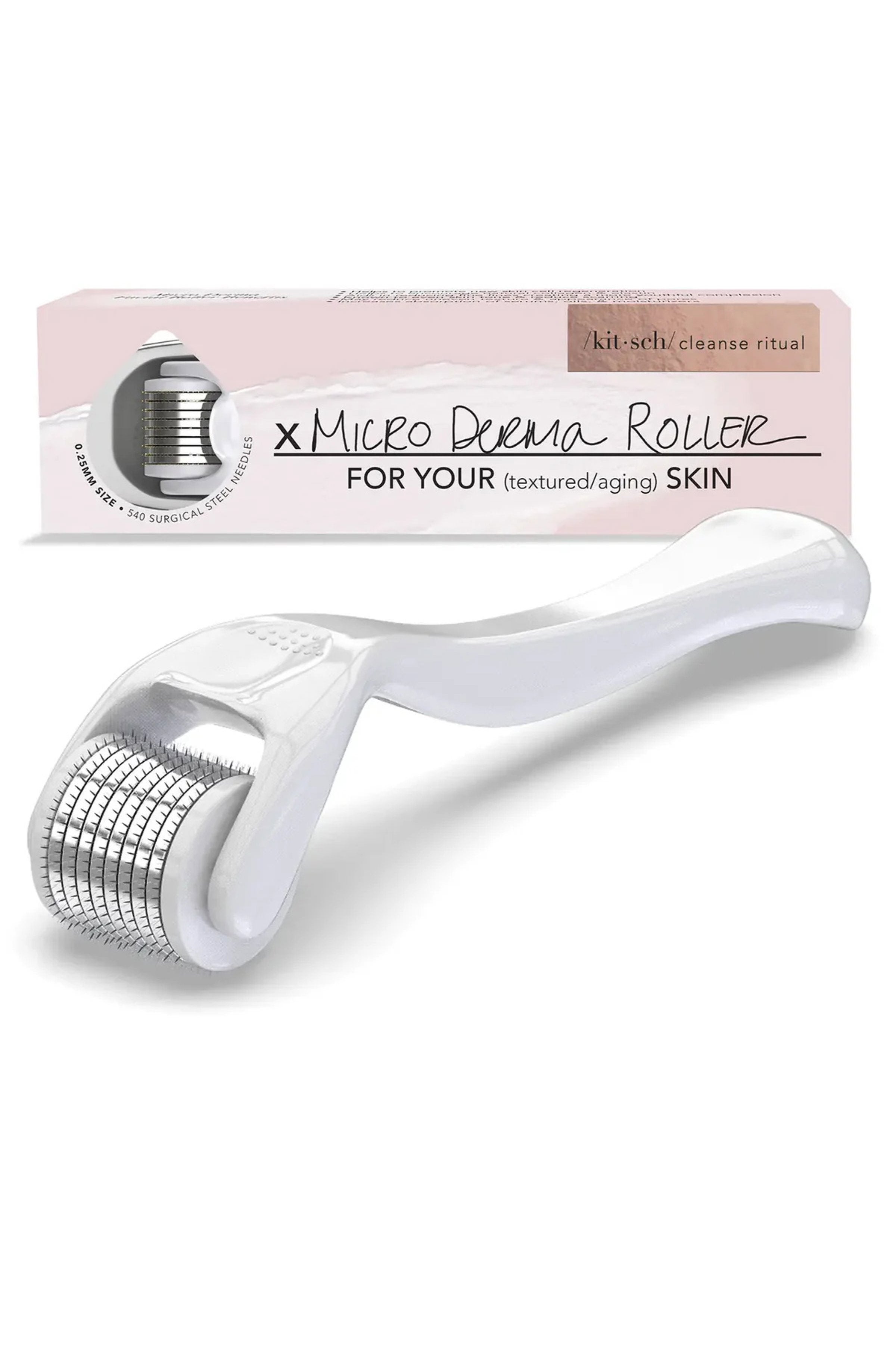 White microderma roller with packaging on a white background