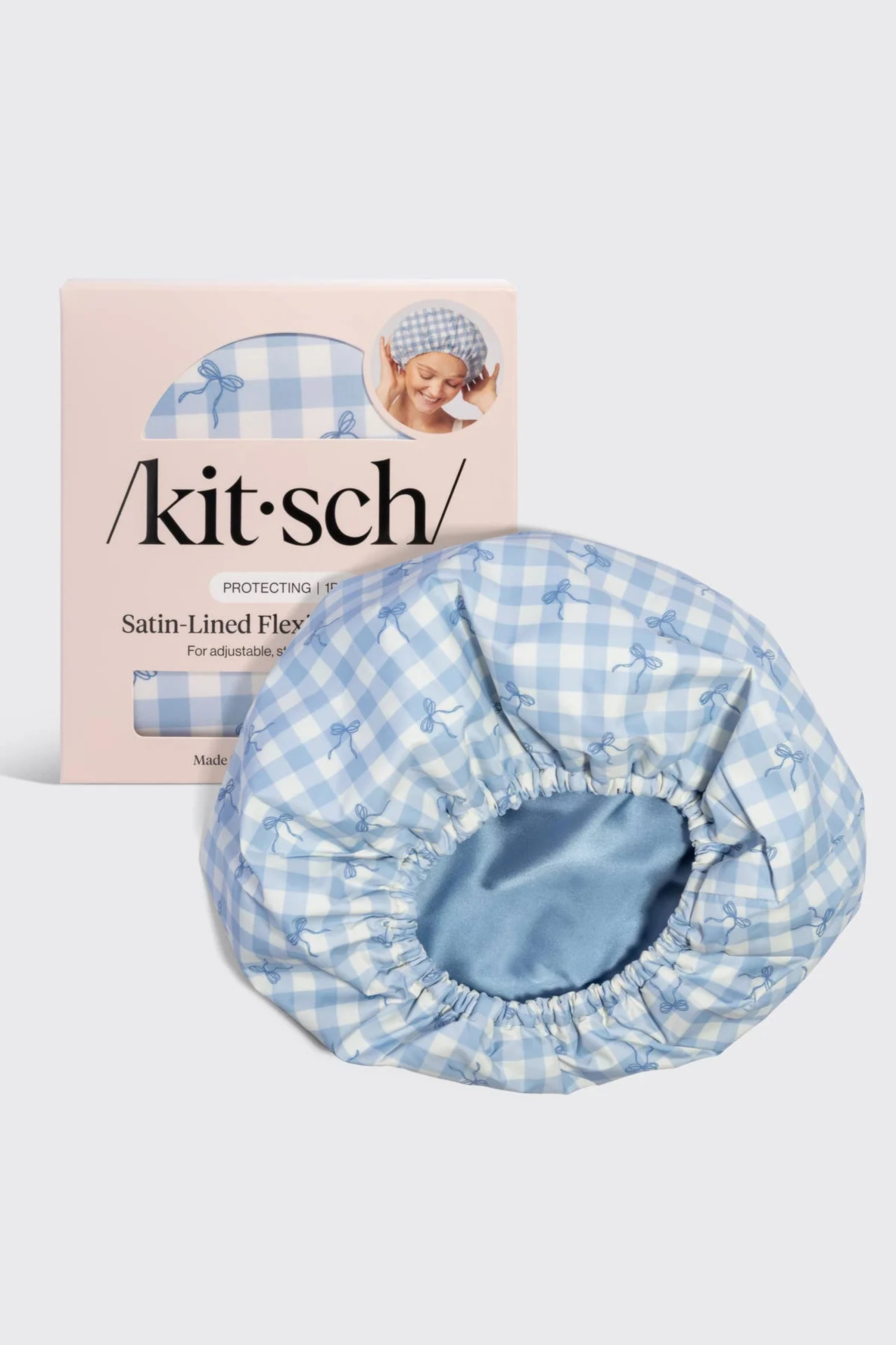 KITSCH - Satin Lined Flexi Shower Cap - Gingham Blue