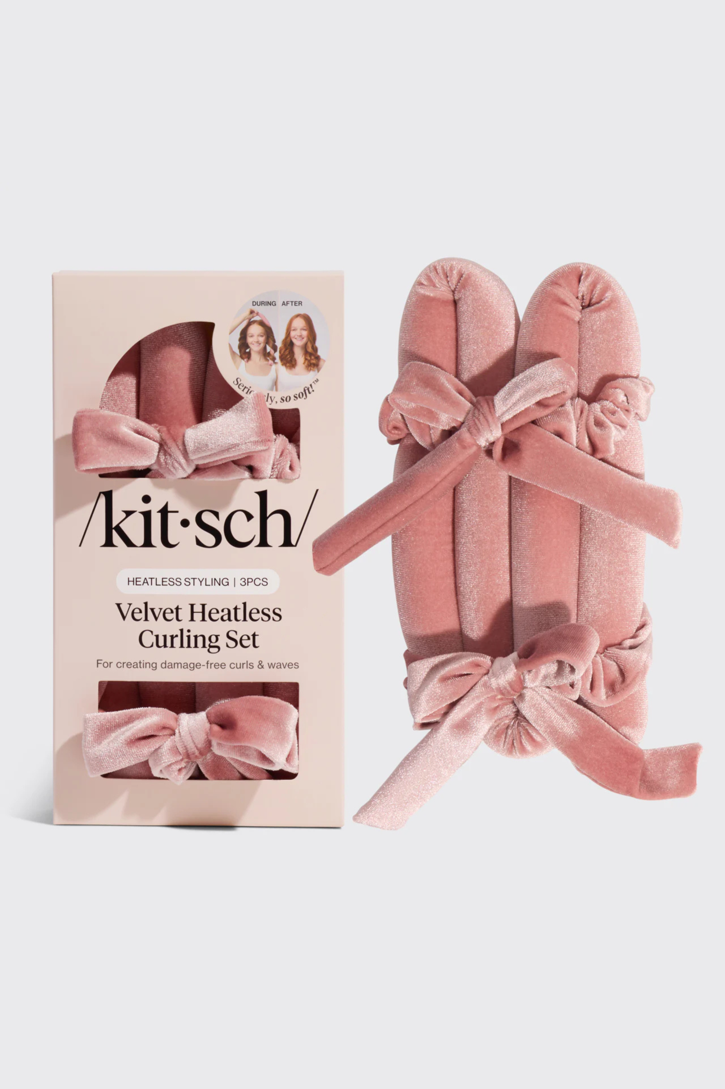 Pink velvet heatless curling set with packaging on a light gray background