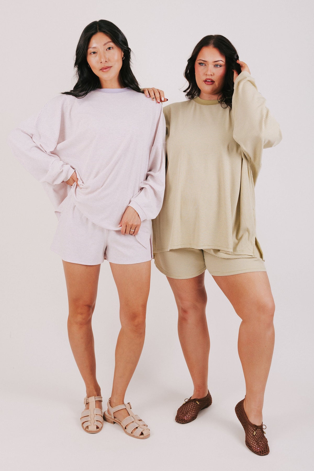 lavender and olive striped elastic waist shorts