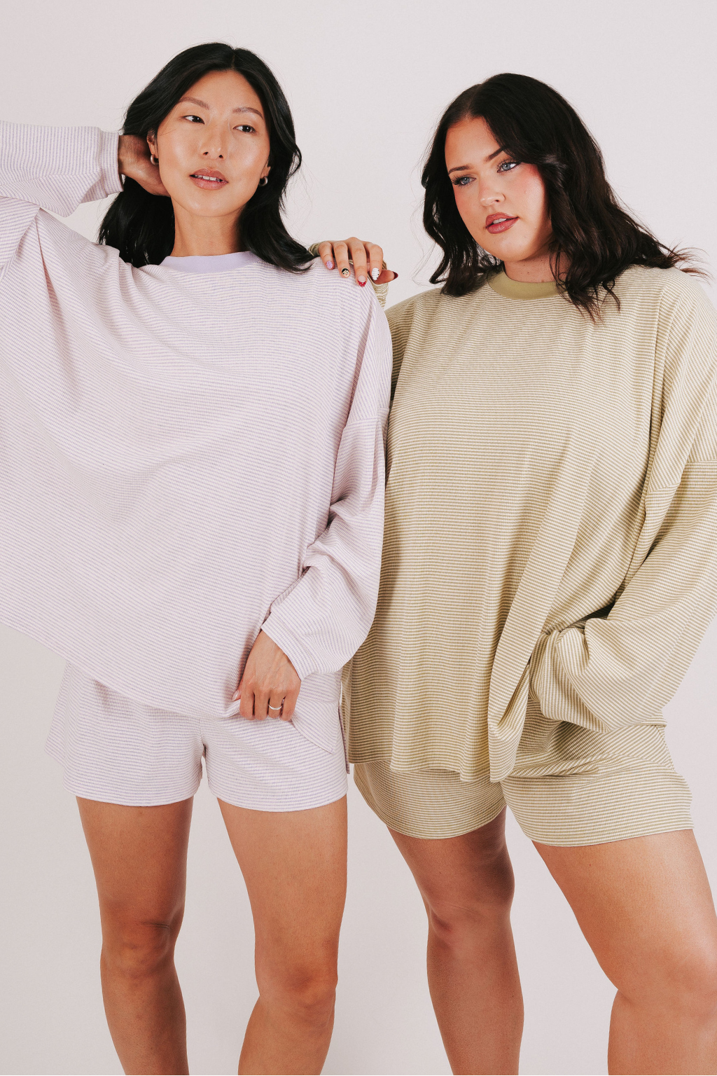 lavender and olive striped oversized long sleeve tops models