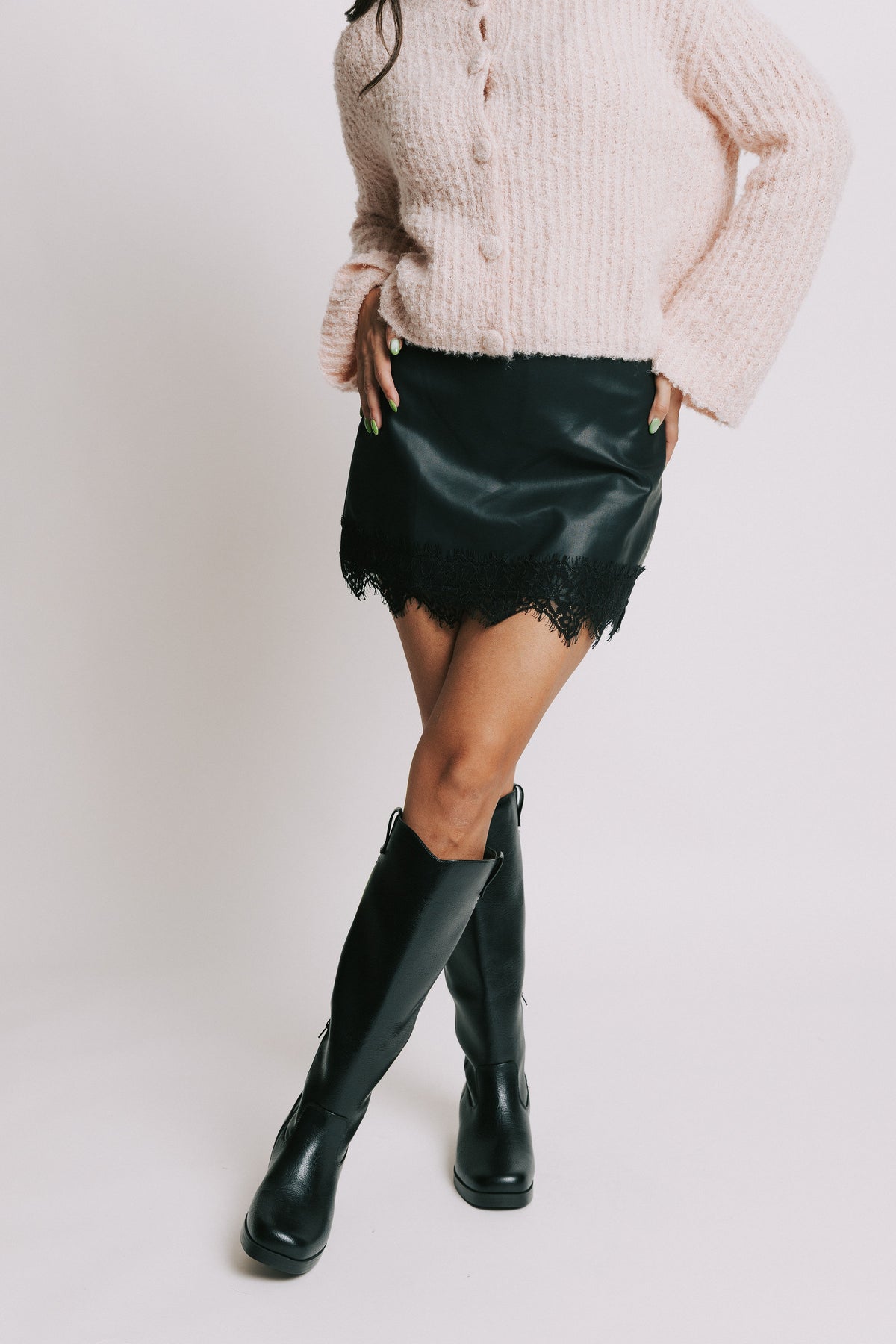 leather mini skirt with lace trim