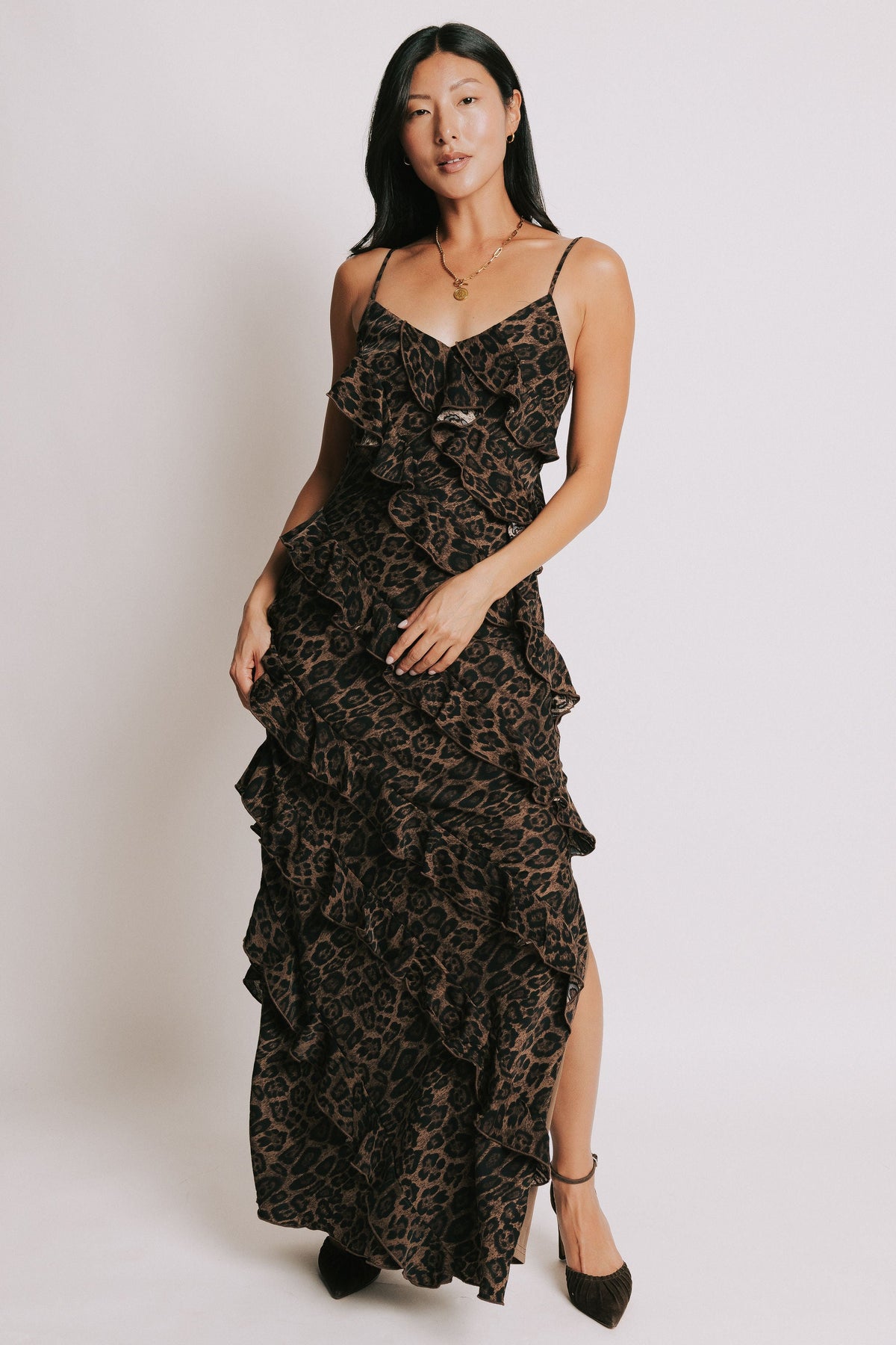 leopard print maxi dress with ruffles full