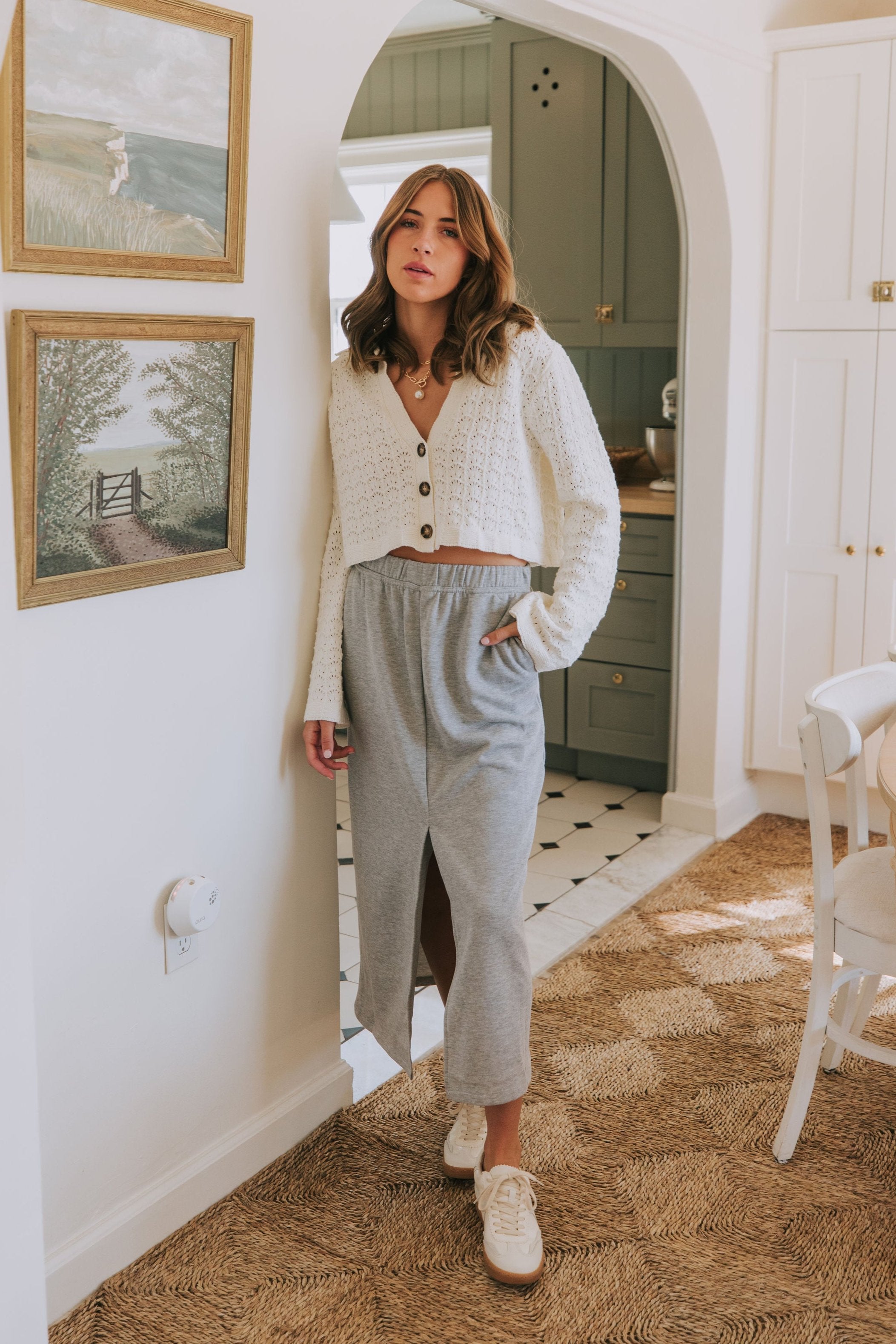 light grey sweatpant skirt model