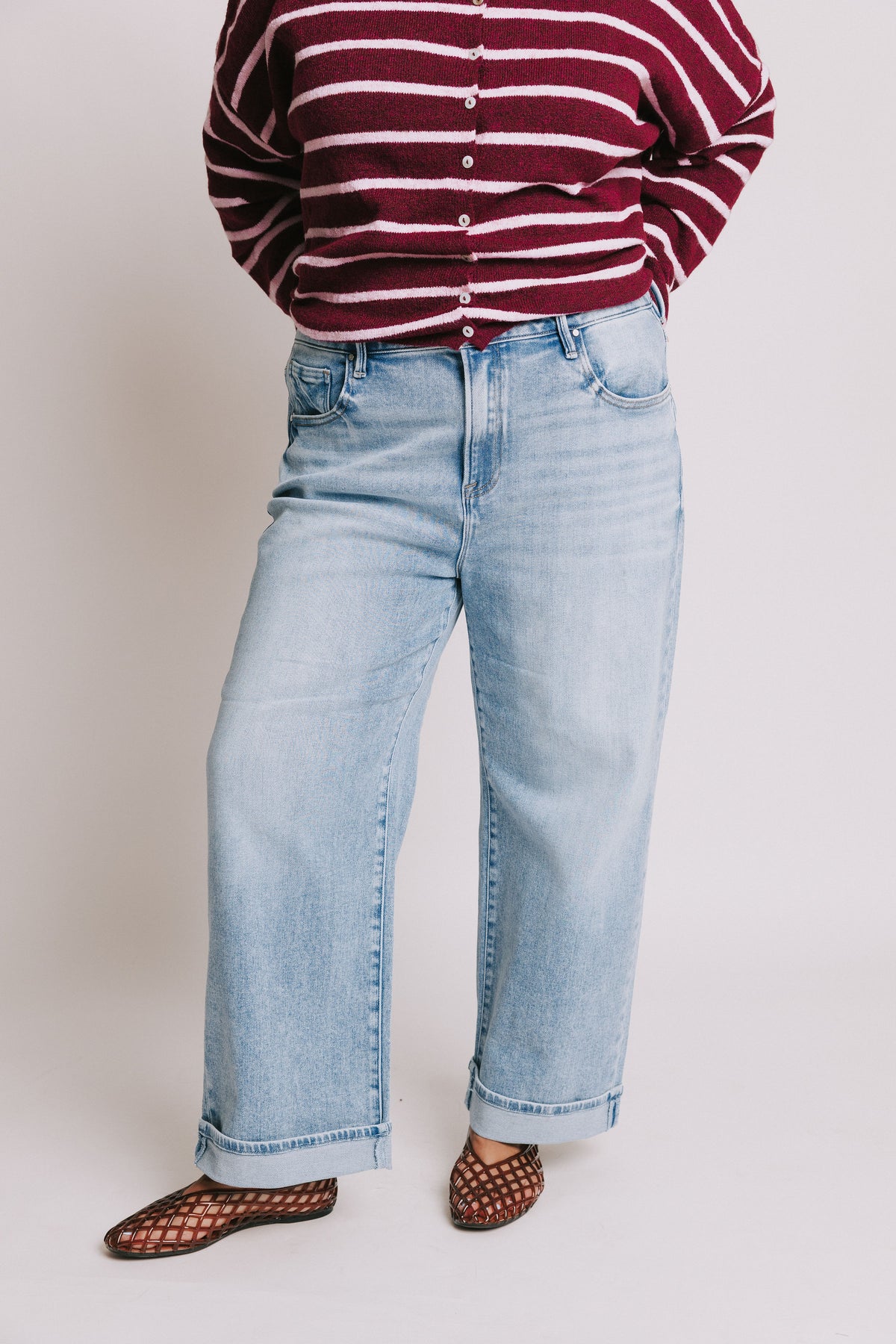 light wash straight leg cuffed jeans