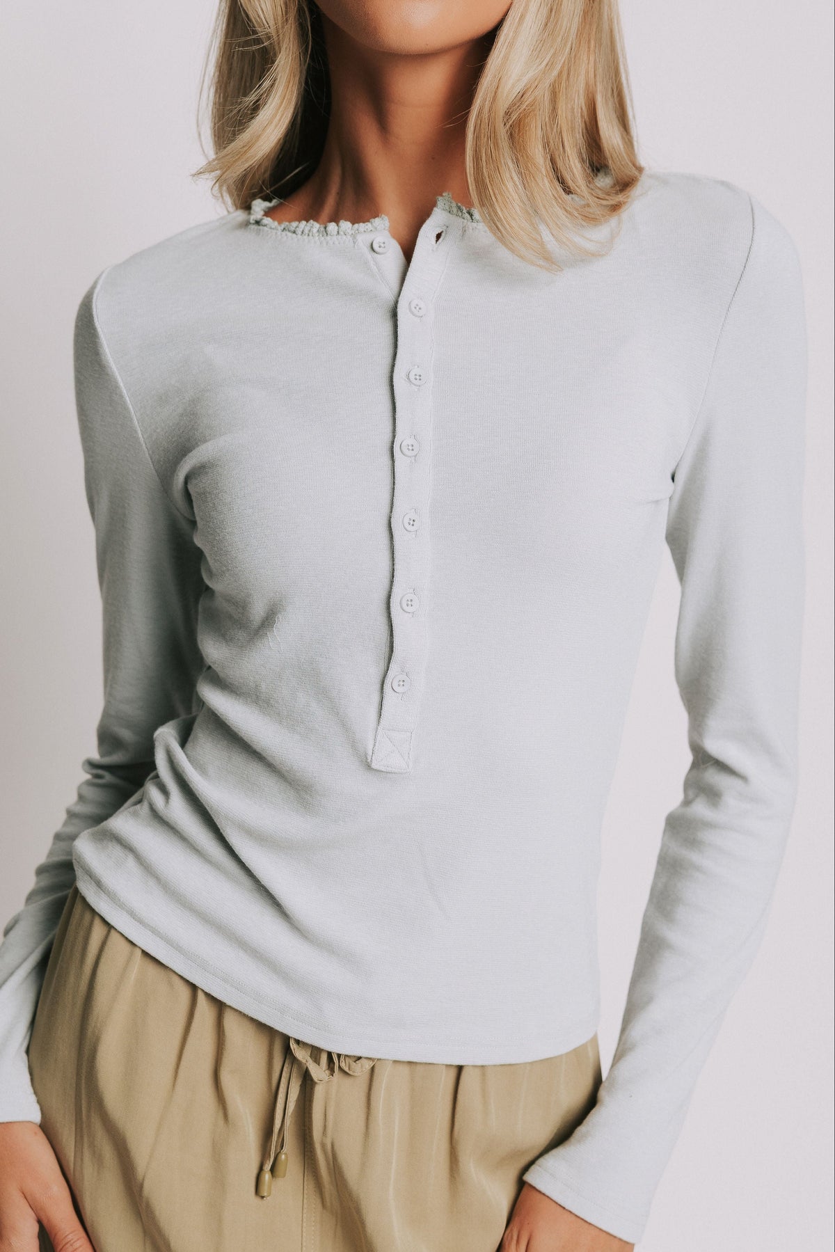 long sleeve top with buttons and lace trim