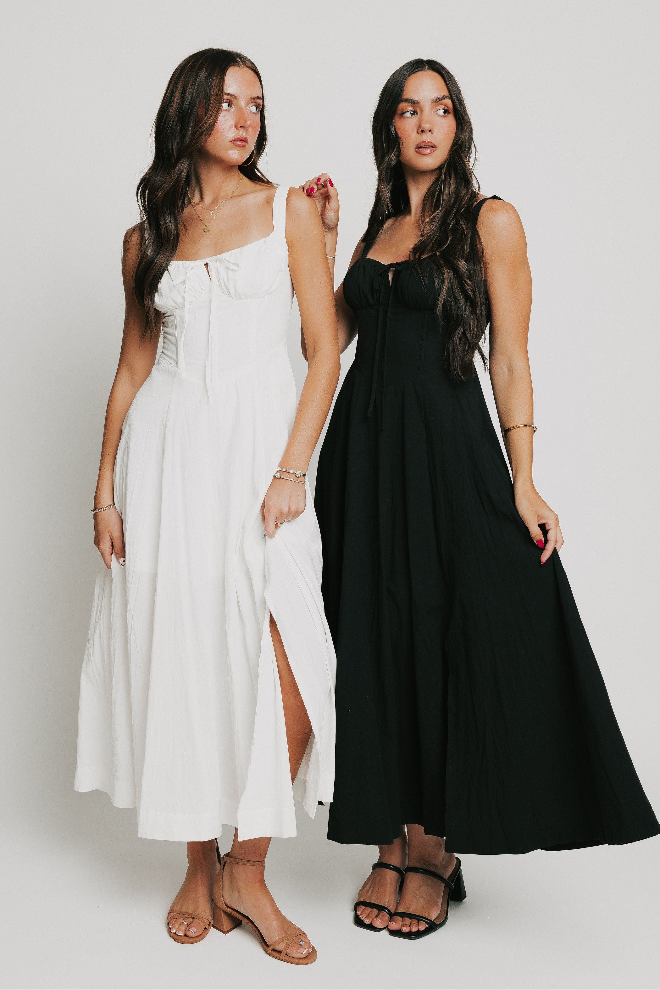 maxi dress with structured bodice and slit in the front