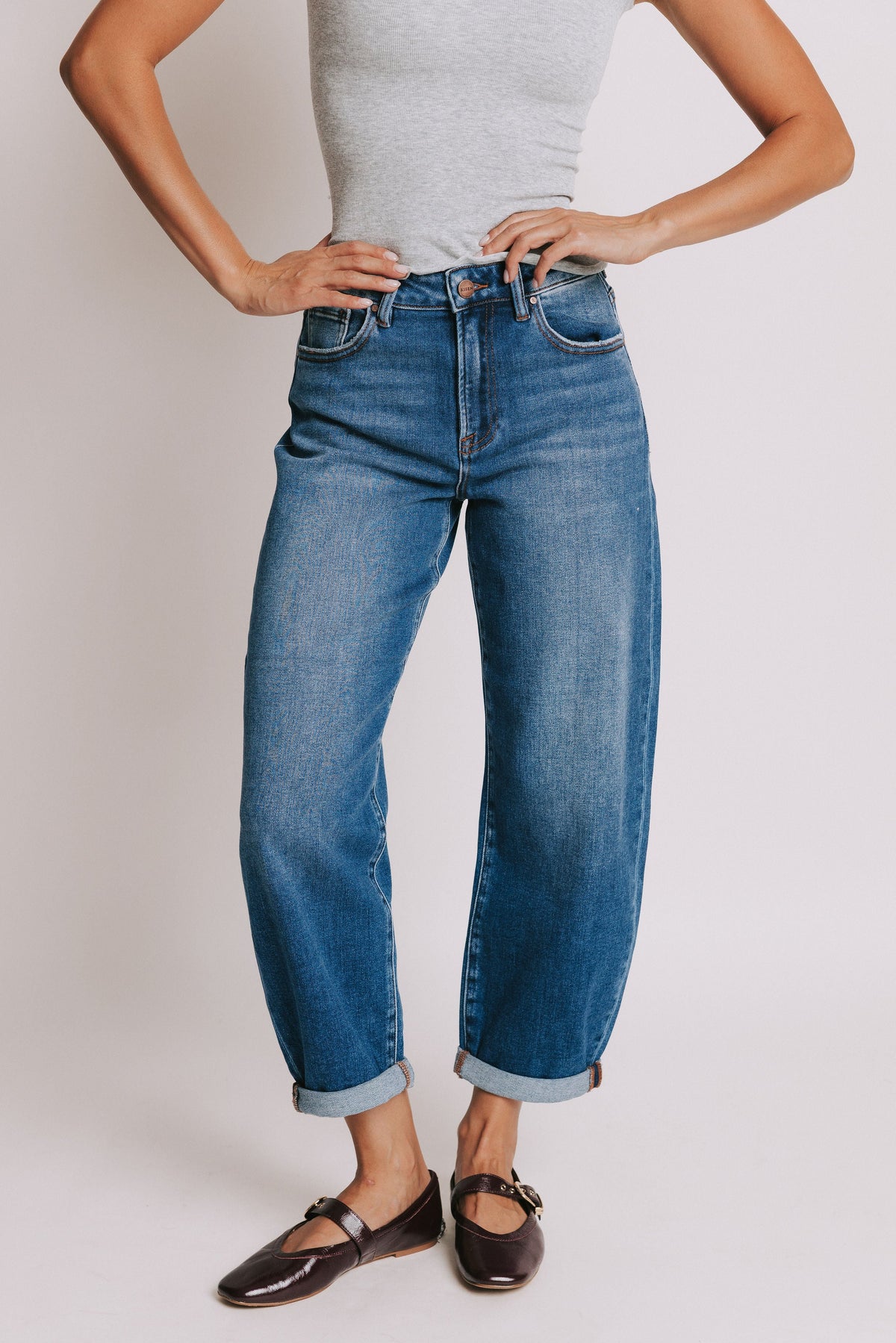 medium wash barrel jeans with cuffs