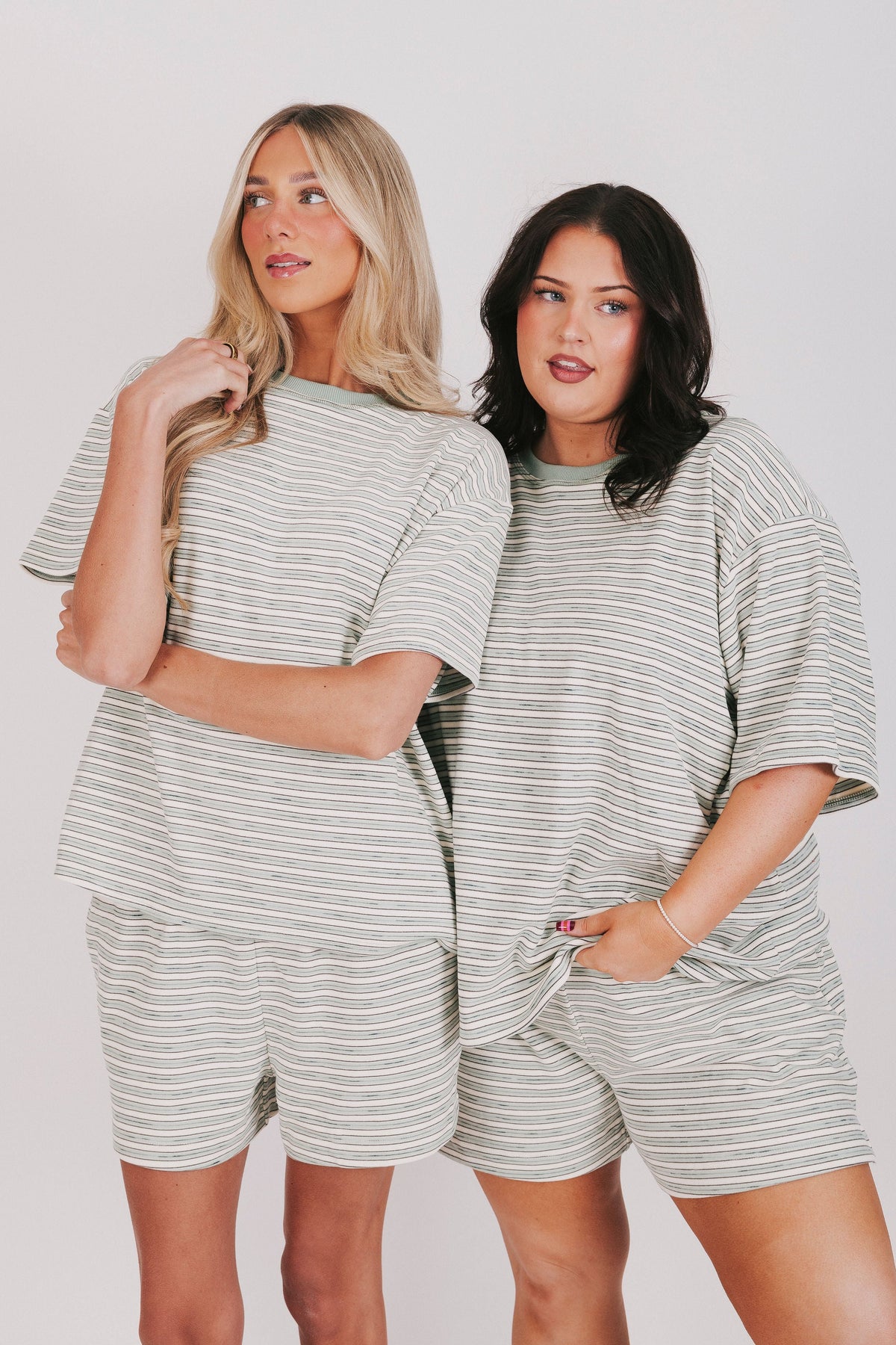 sage striped t-shirt with a contrast crew neck and short sleeves