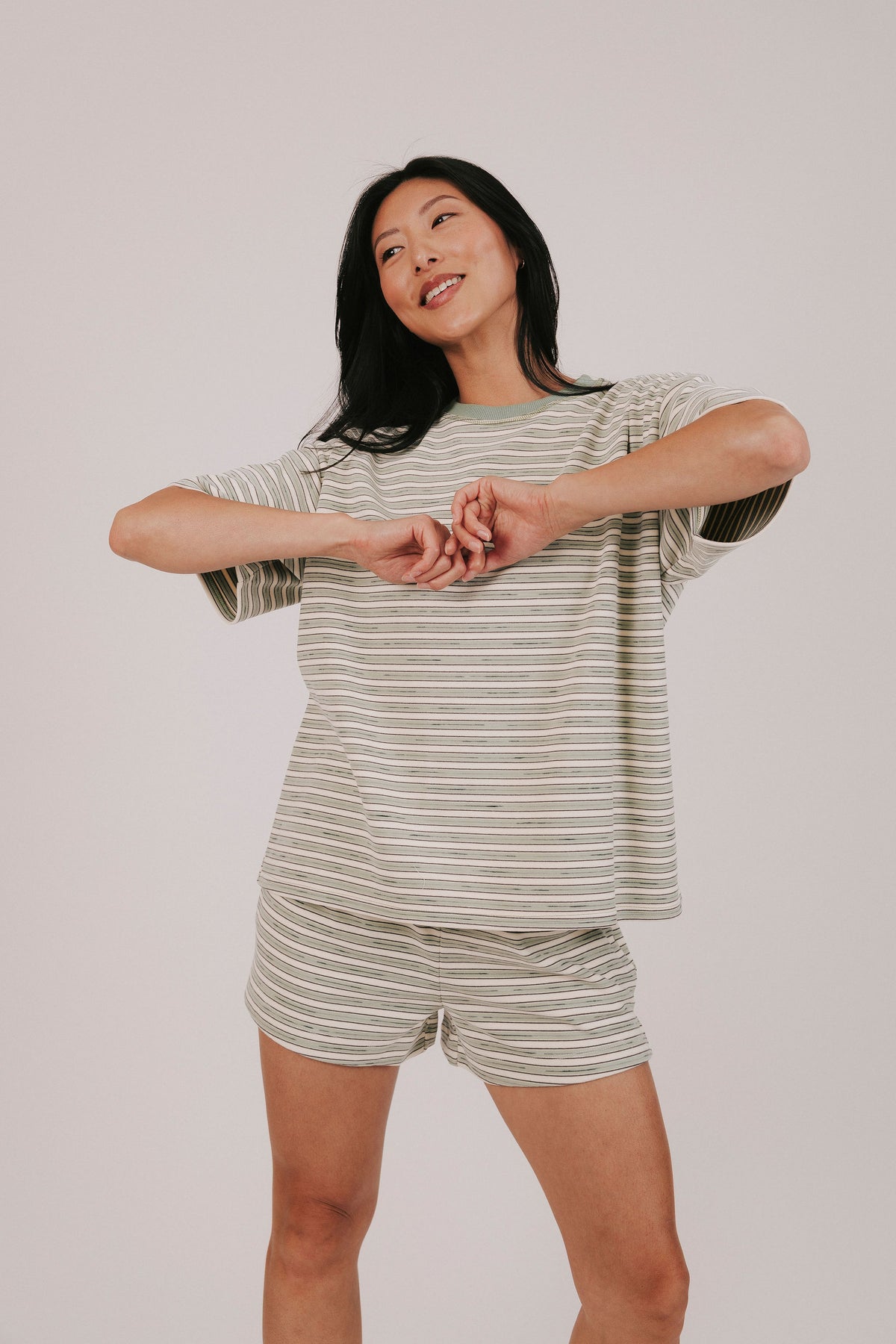 sage striped t-shirt with a contrast crew neck and short sleeves