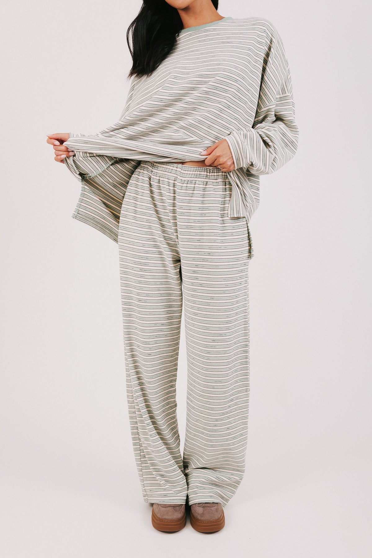 mint striped lounge pants front