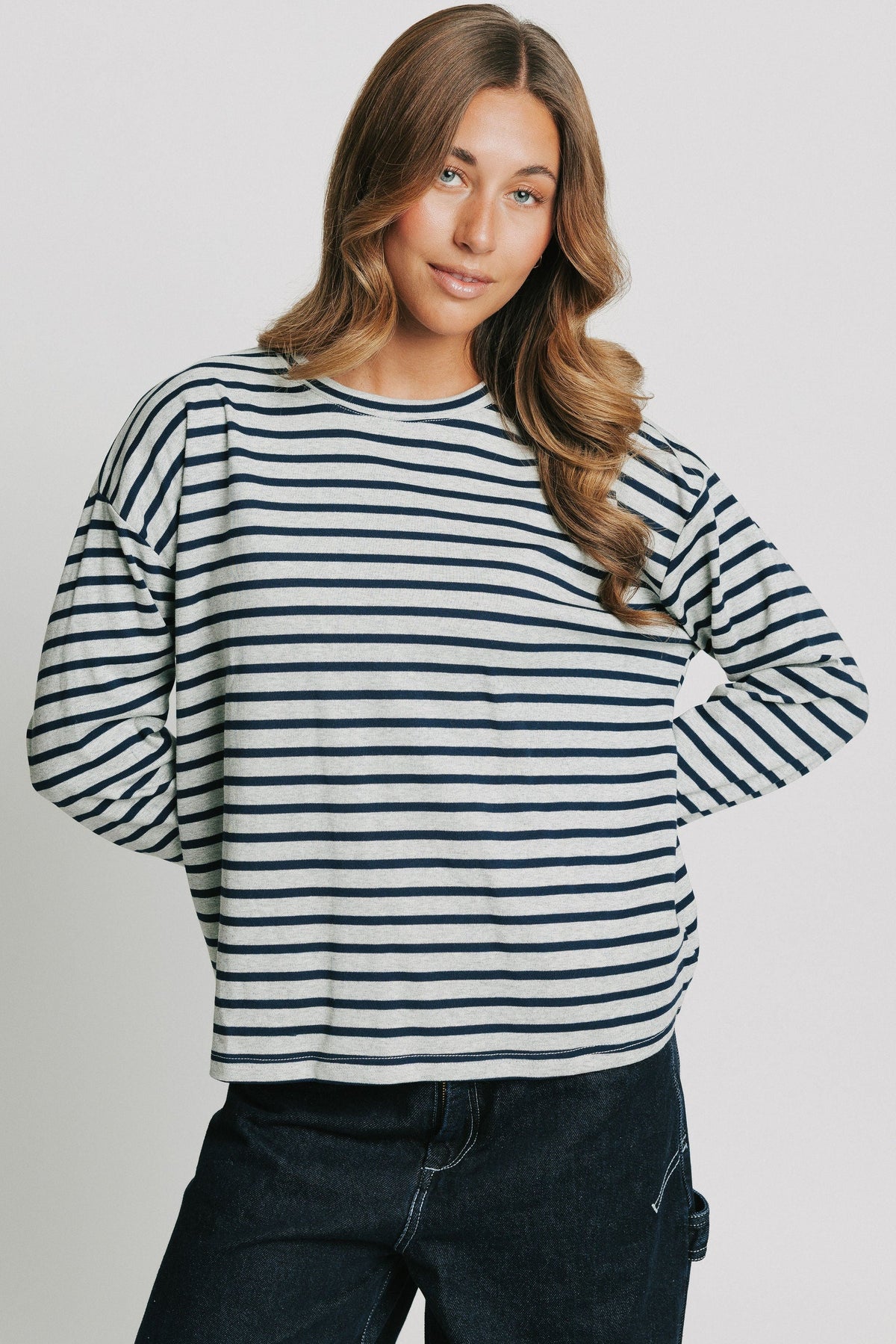navy and grey striped crewneck long sleeve top