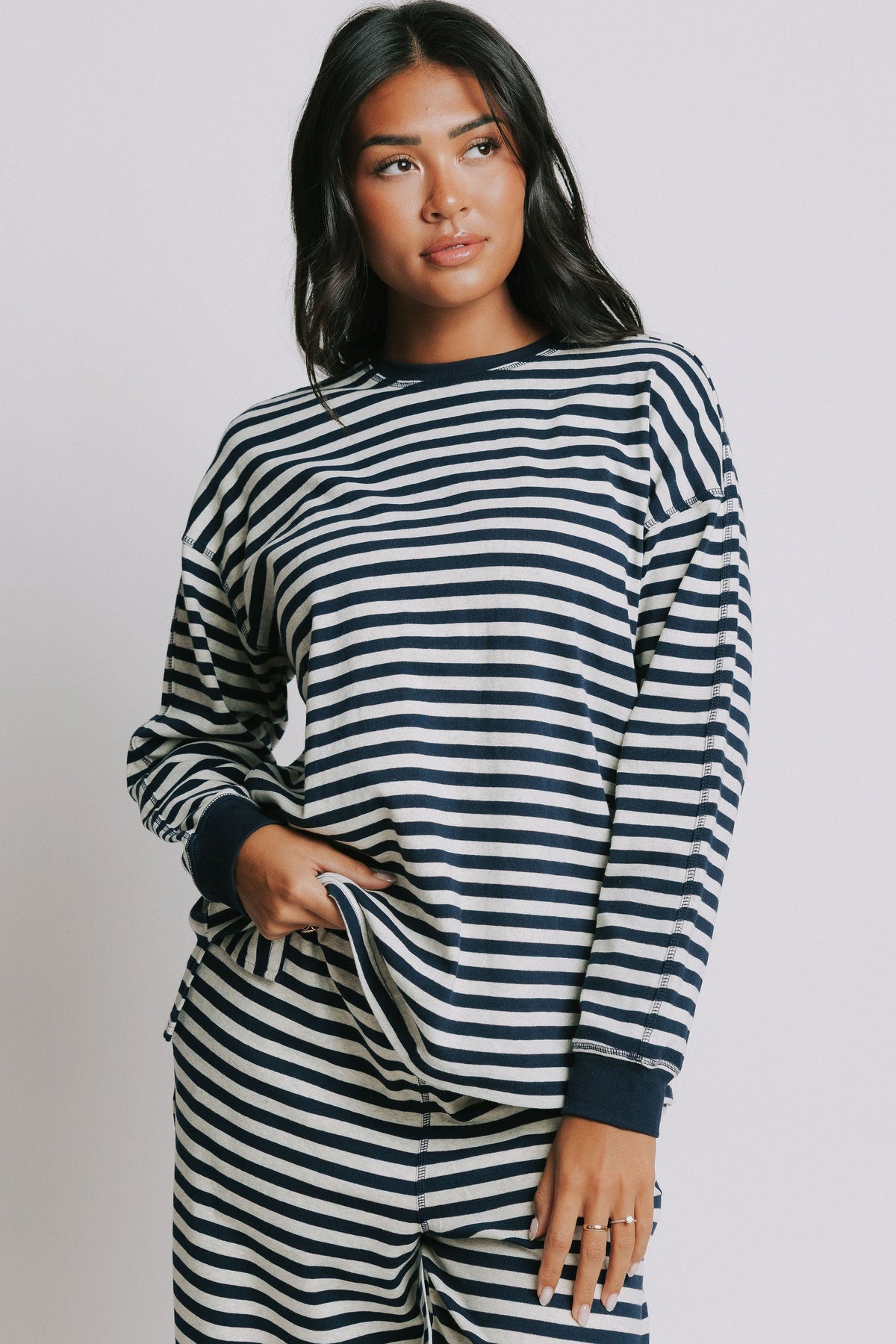 navy and grey striped lounge top