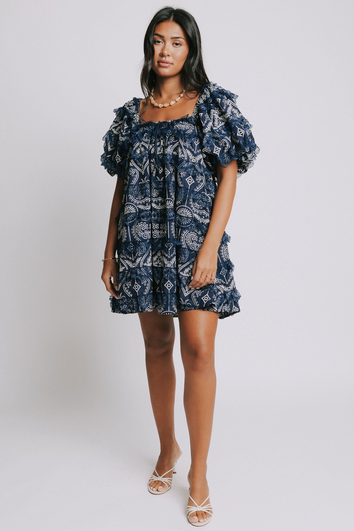 navy and white embroidered mini dress