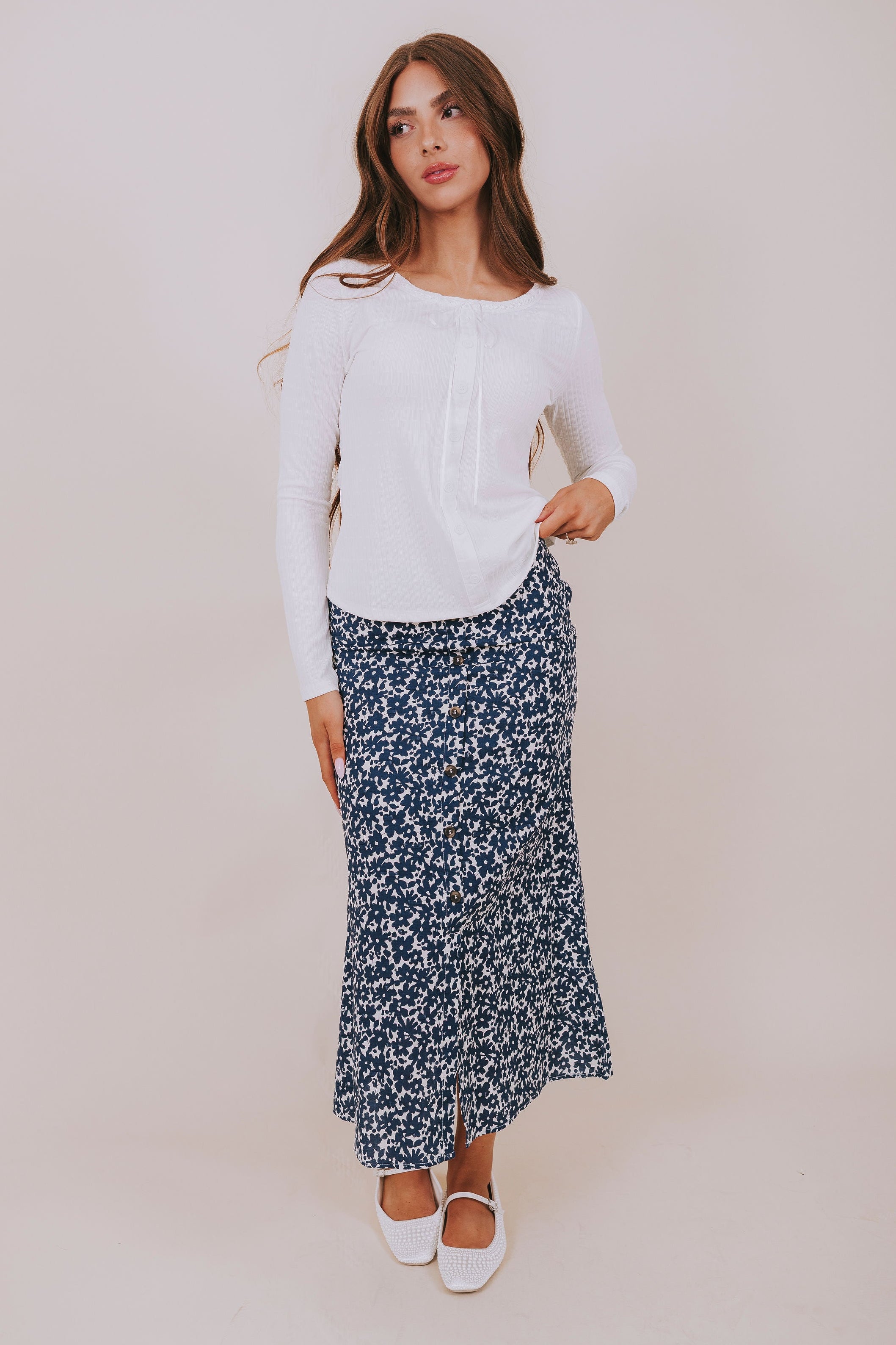 navy floral midi skirt full