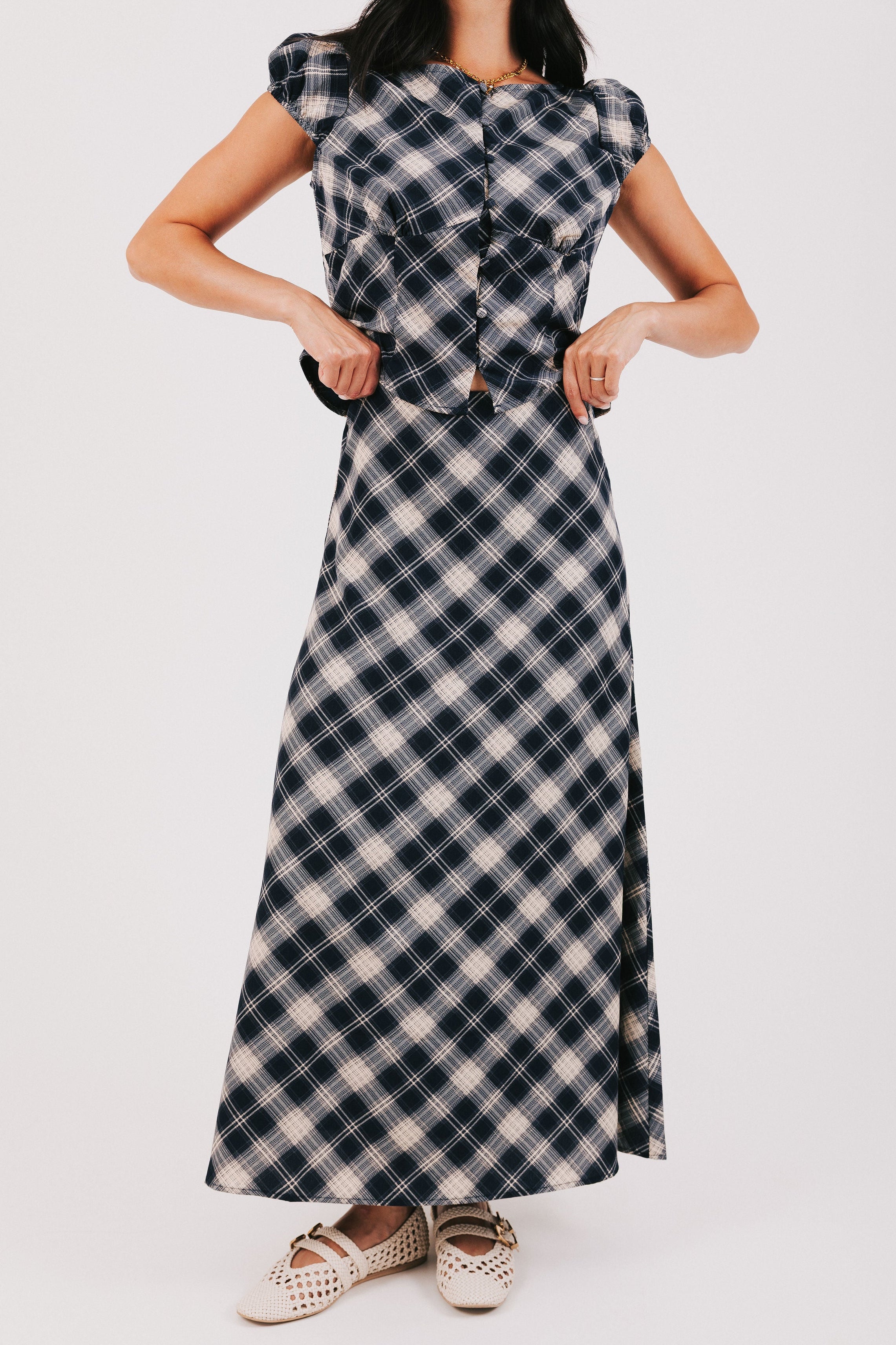navy plaid maxi skirt