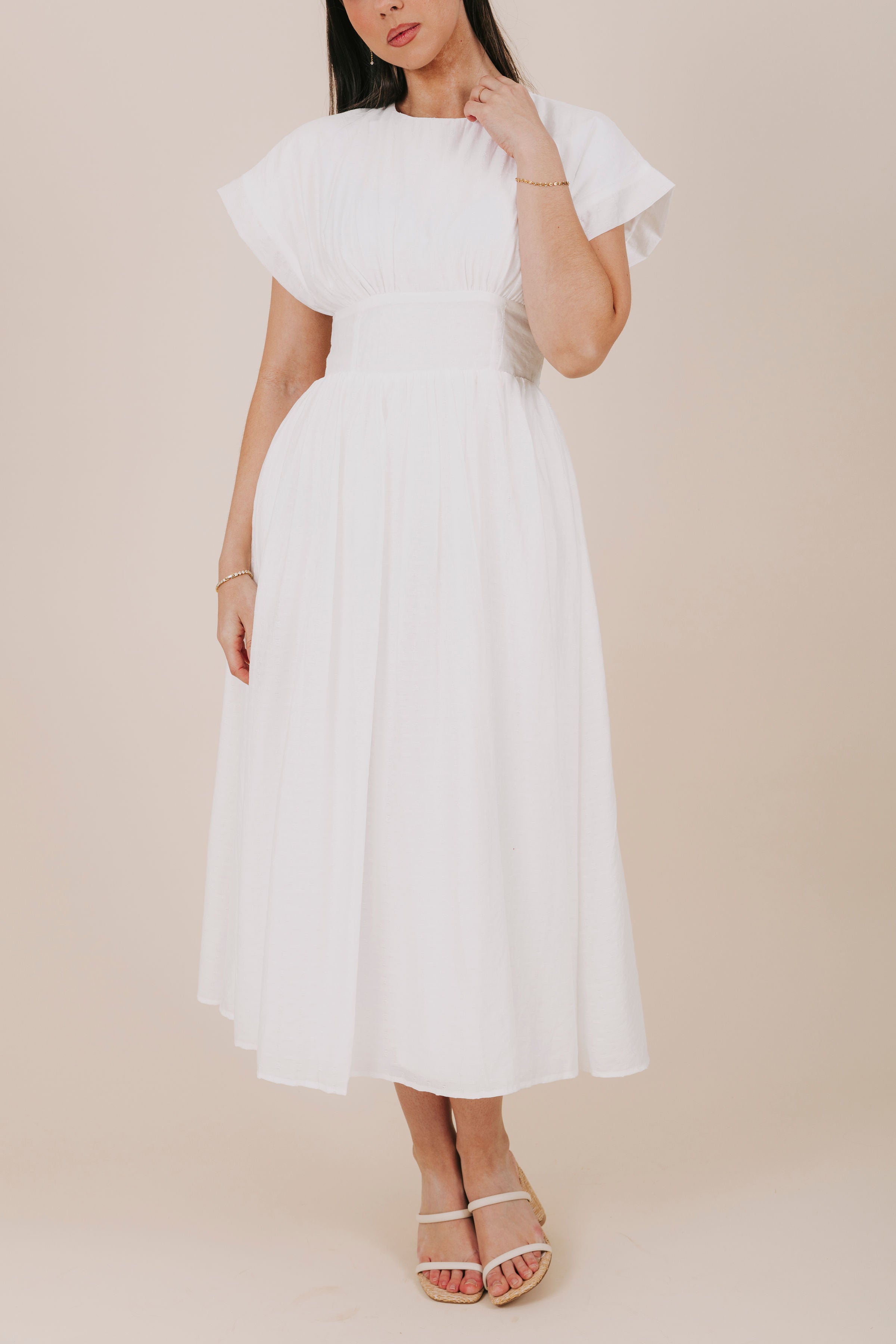 off white fitted waistband midi dress front