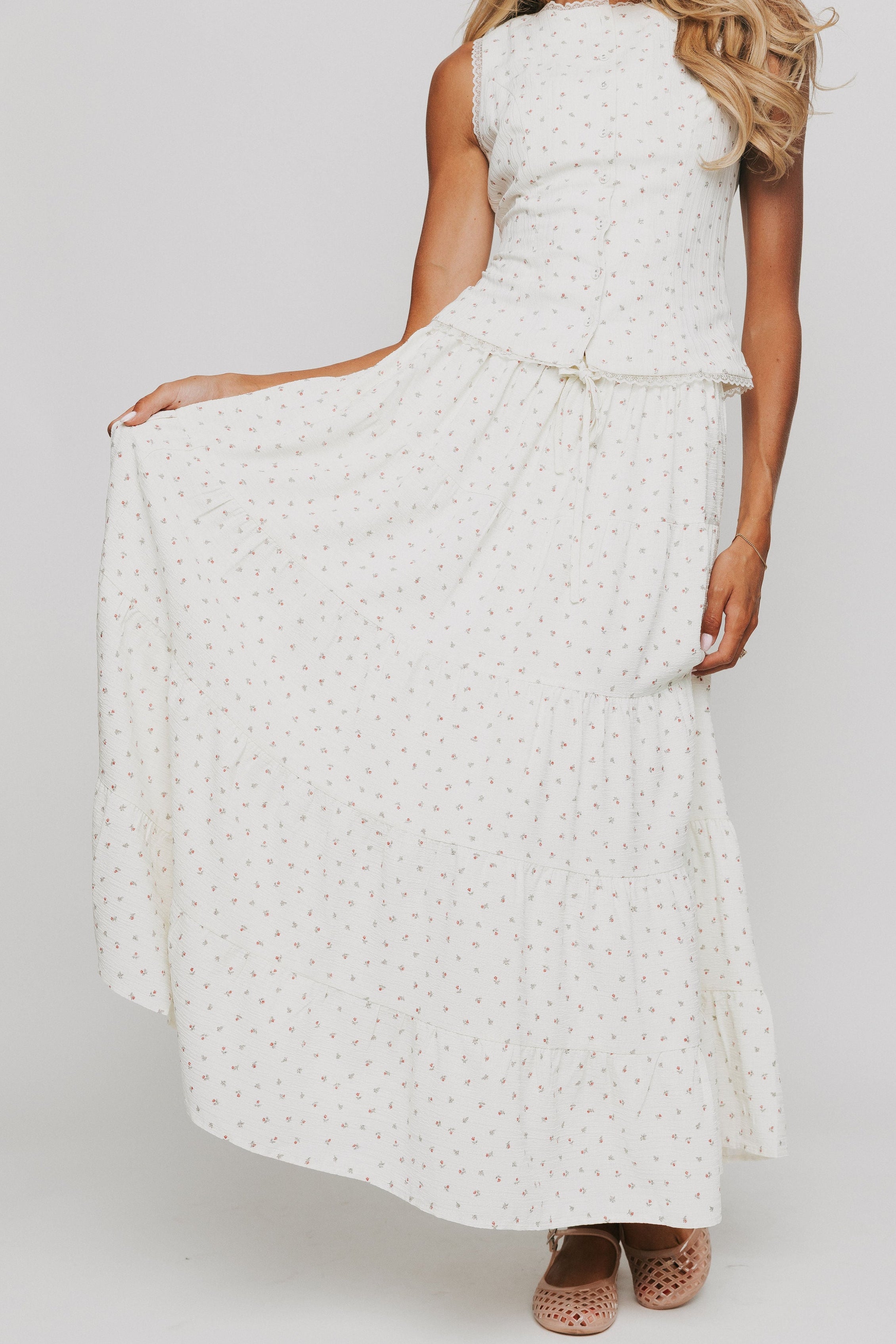off white maxi skirt with floral pattern