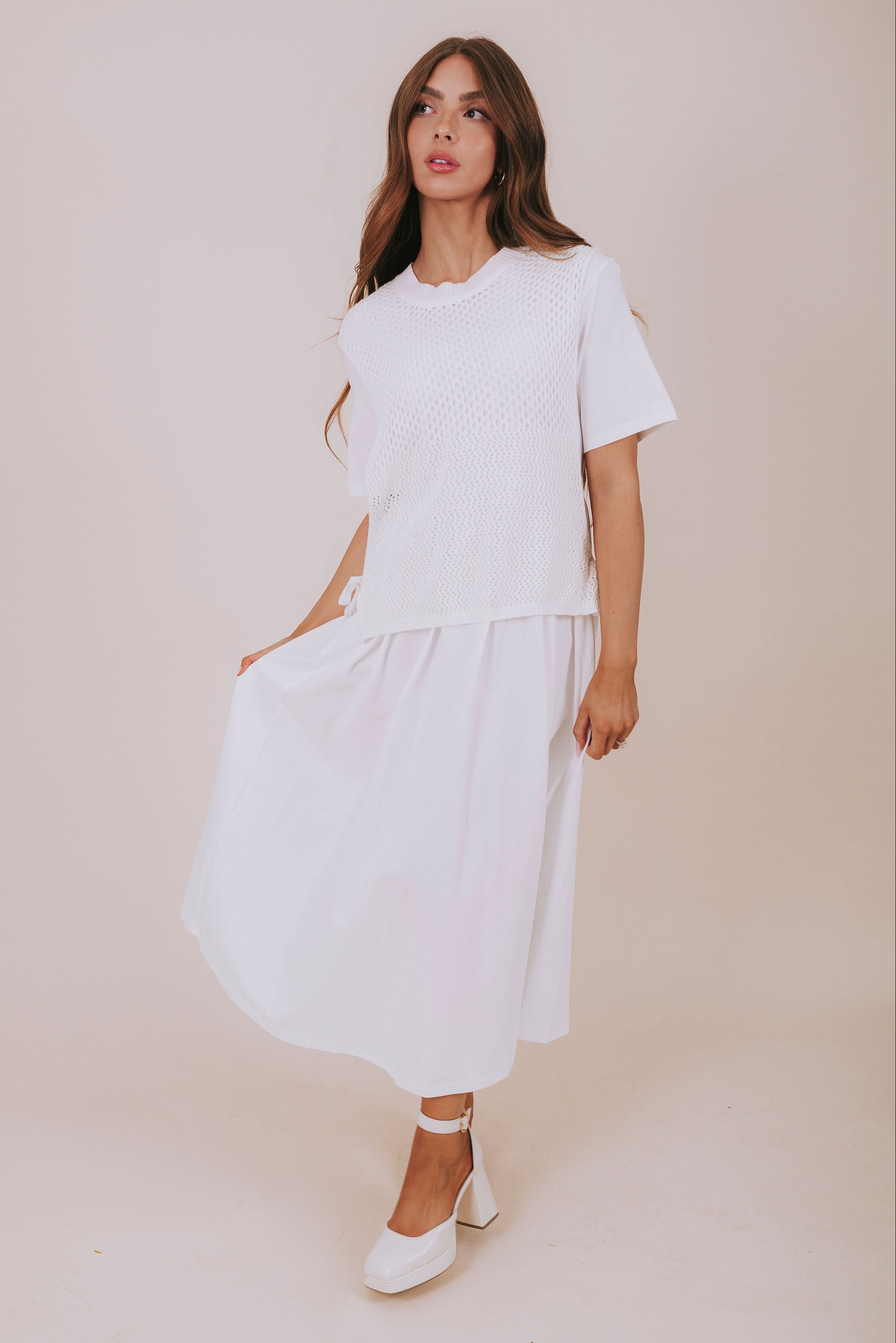 off white open knit overlay dress full