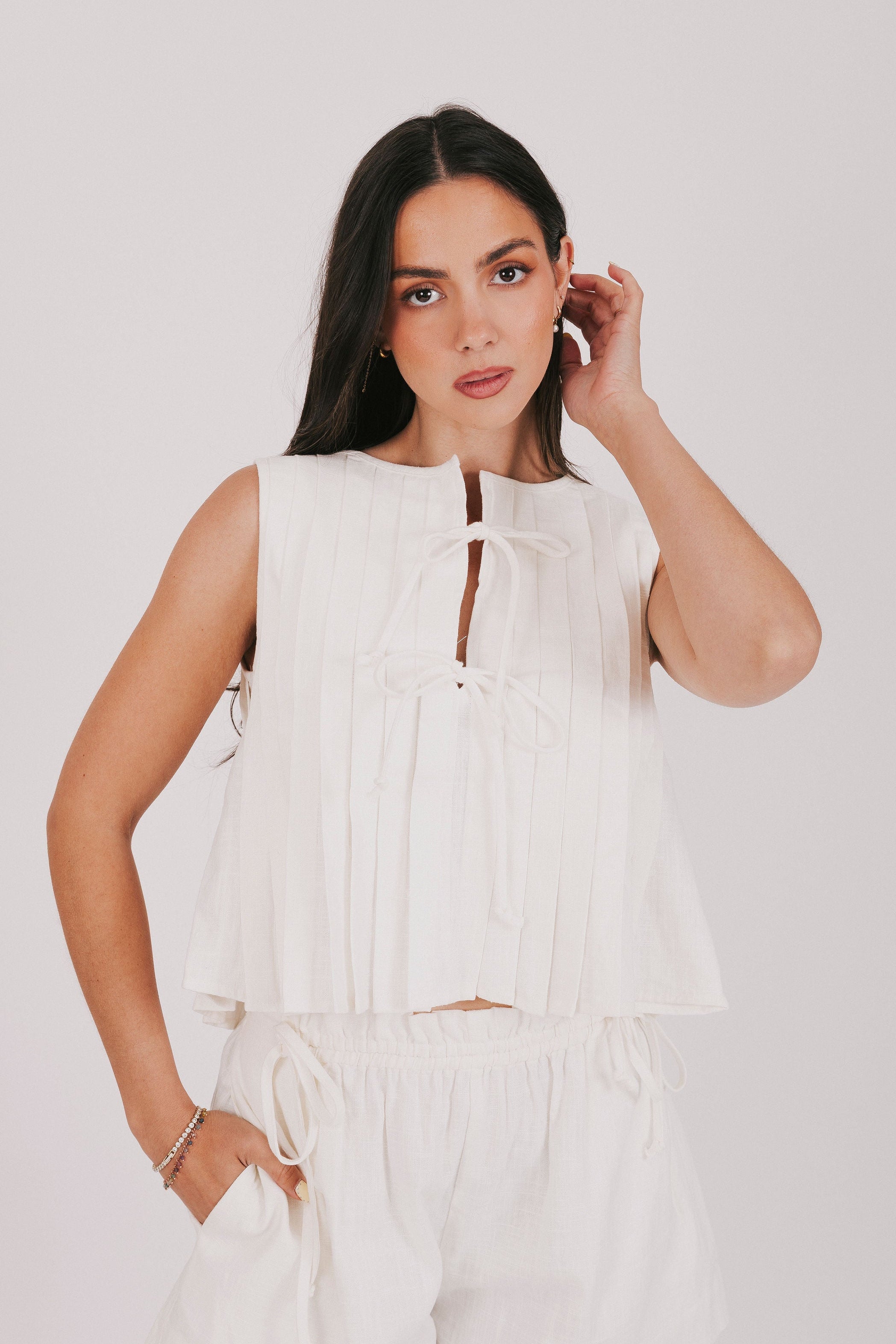 off white pleated ties top front