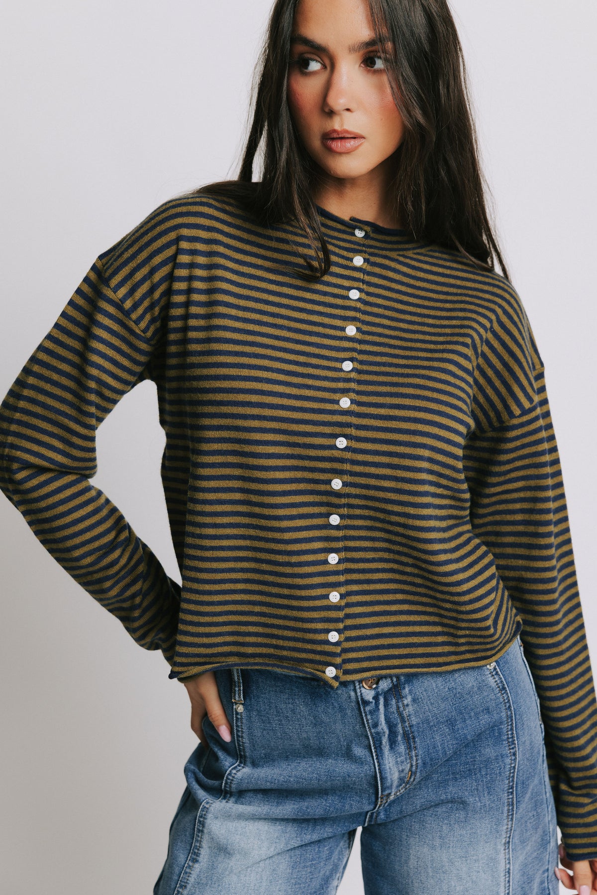 olive and navy striped cardigan with mock neck front