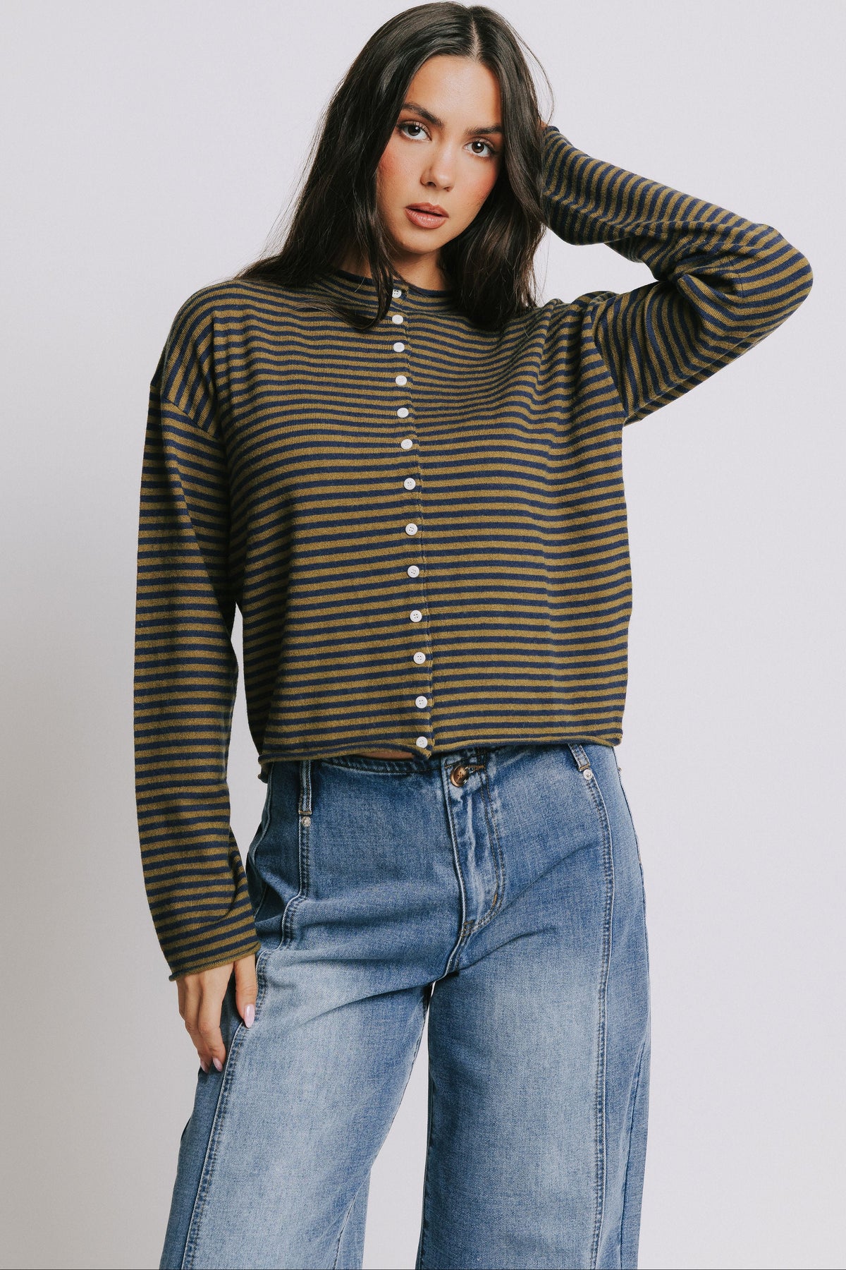 olive and navy striped cardigan with mock neck
