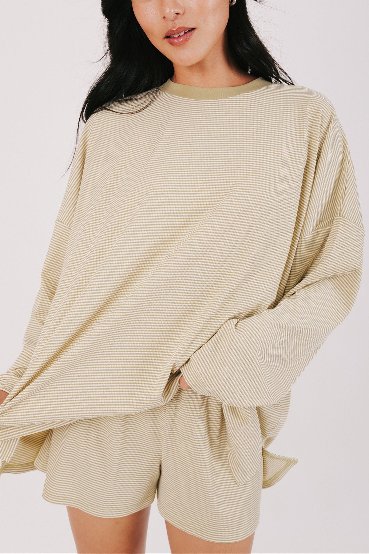 olive striped oversized long sleeve top front
