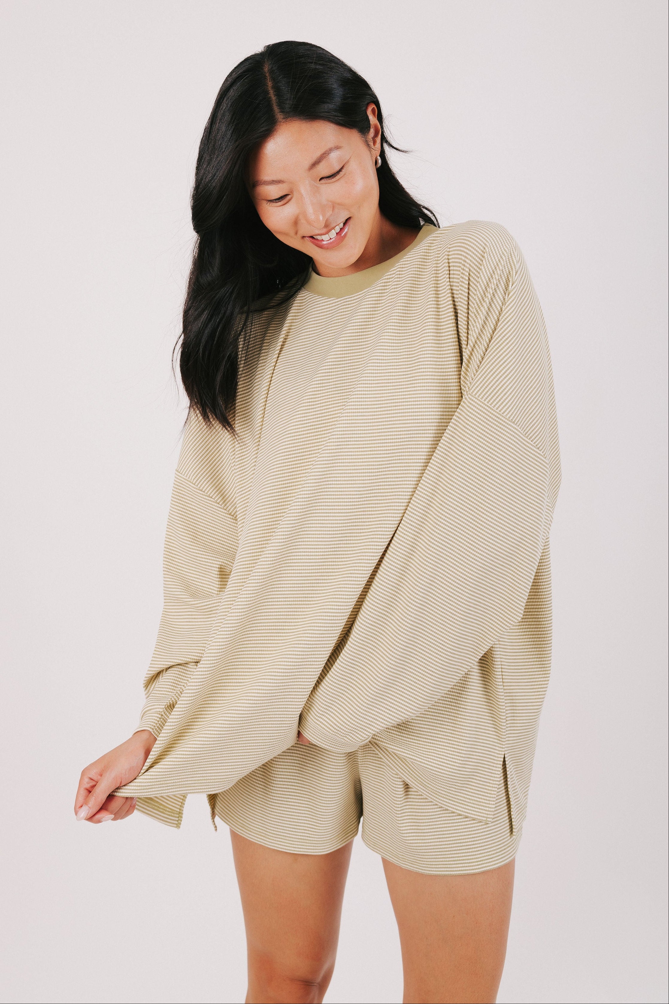 olive striped oversized long sleeve top