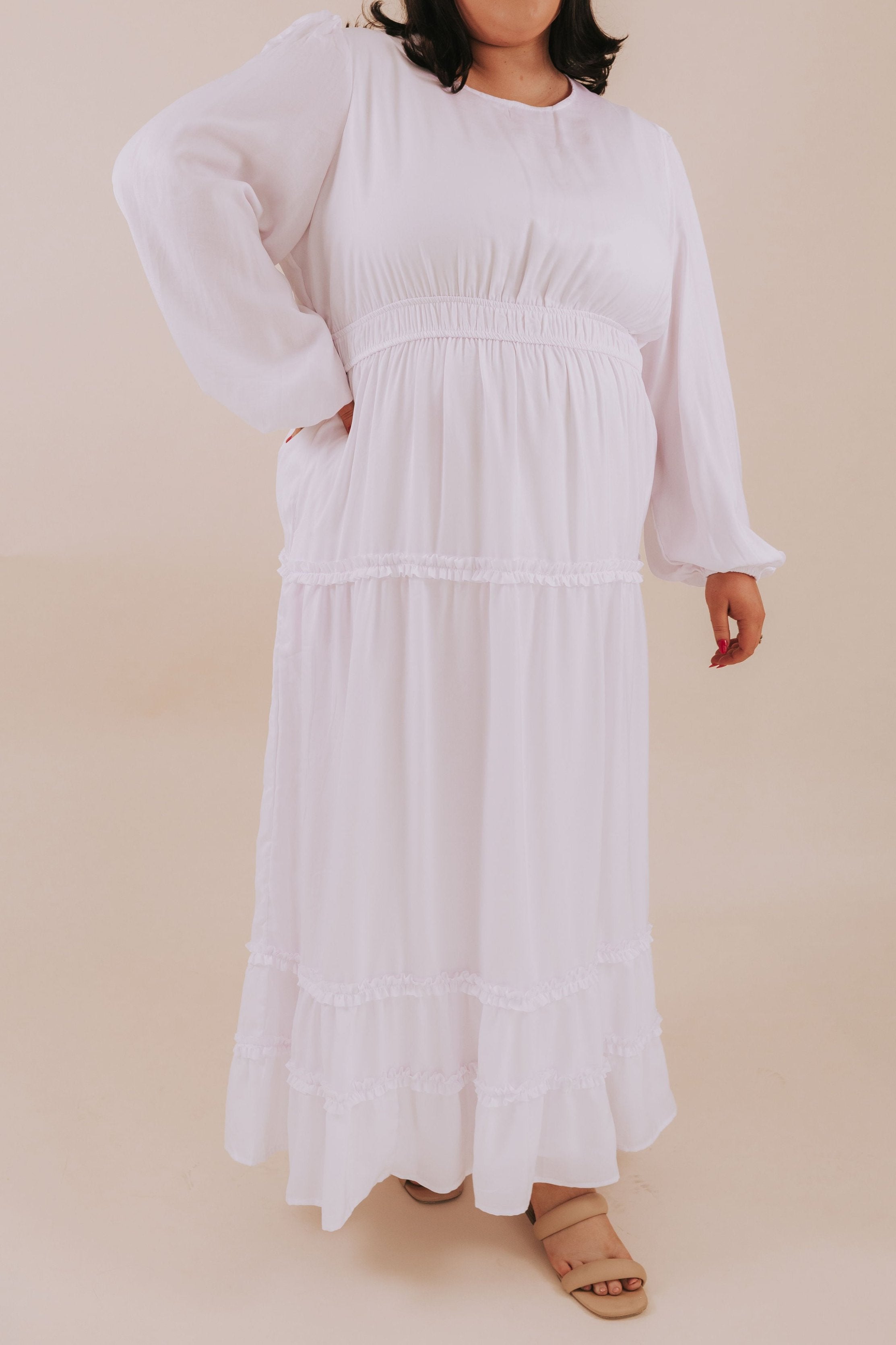 Plus size white modest LDS temple dress with long sleeves and full-length skirt, temple-approved design, available in sizes 1X, 2X, 3X.