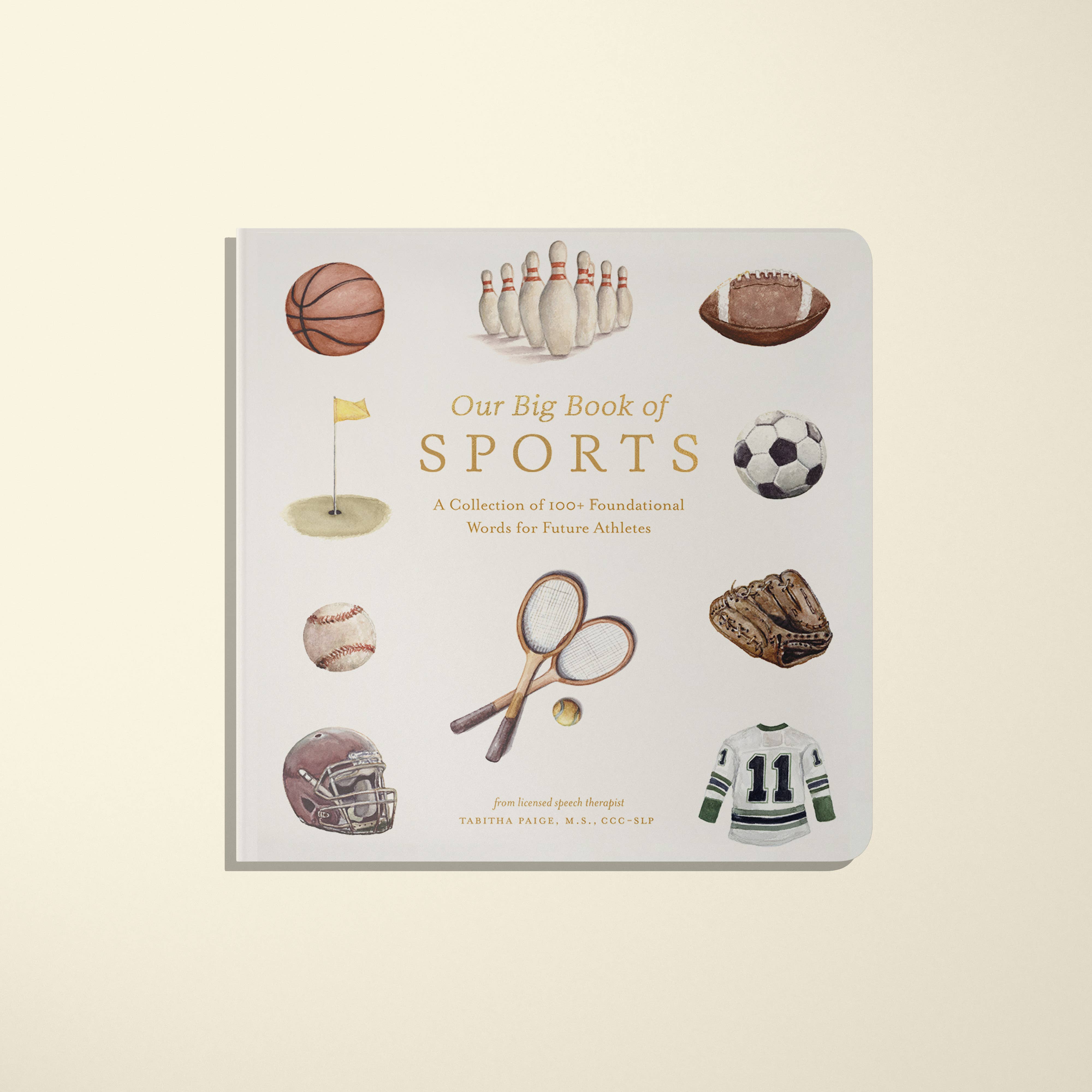 Cover of 'Our Big Book of Sports' featuring watercolor illustrations of various sports equipment and activities.