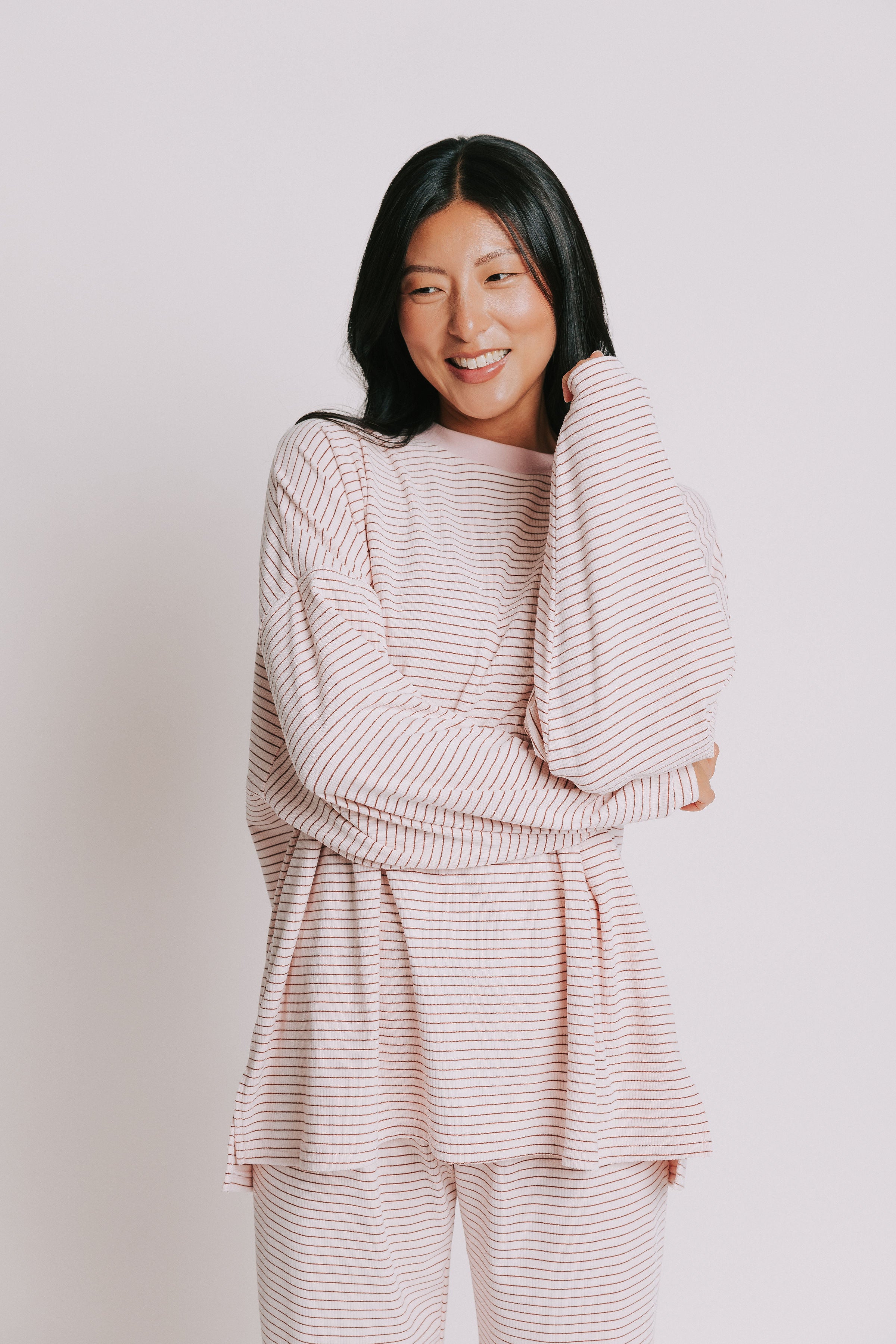 oversized ribbed striped long sleeve top pink