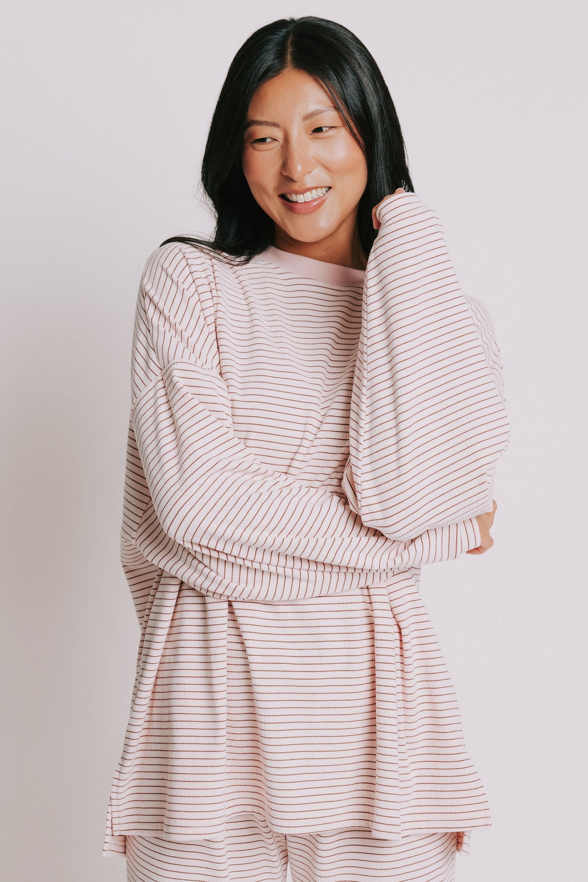 oversized ribbed striped long sleeve top pink