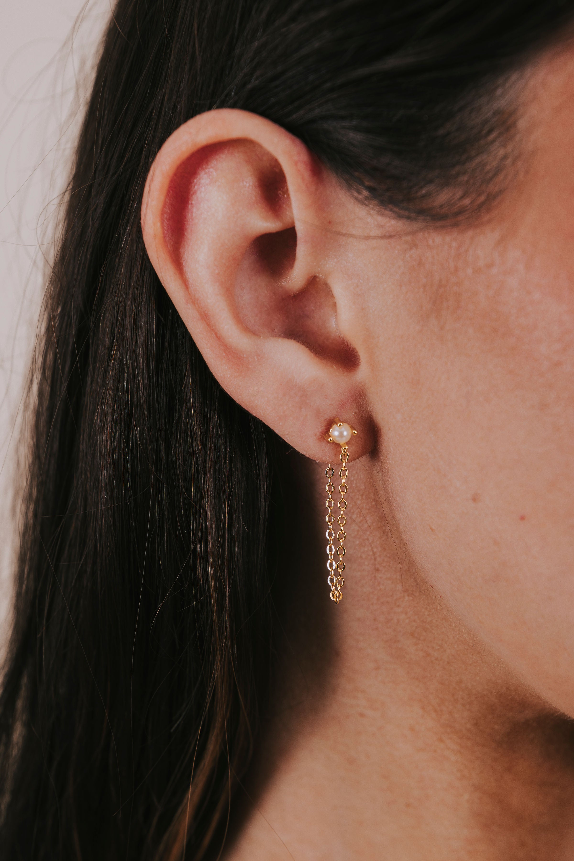 pearl studs with gold chain dangle earrings