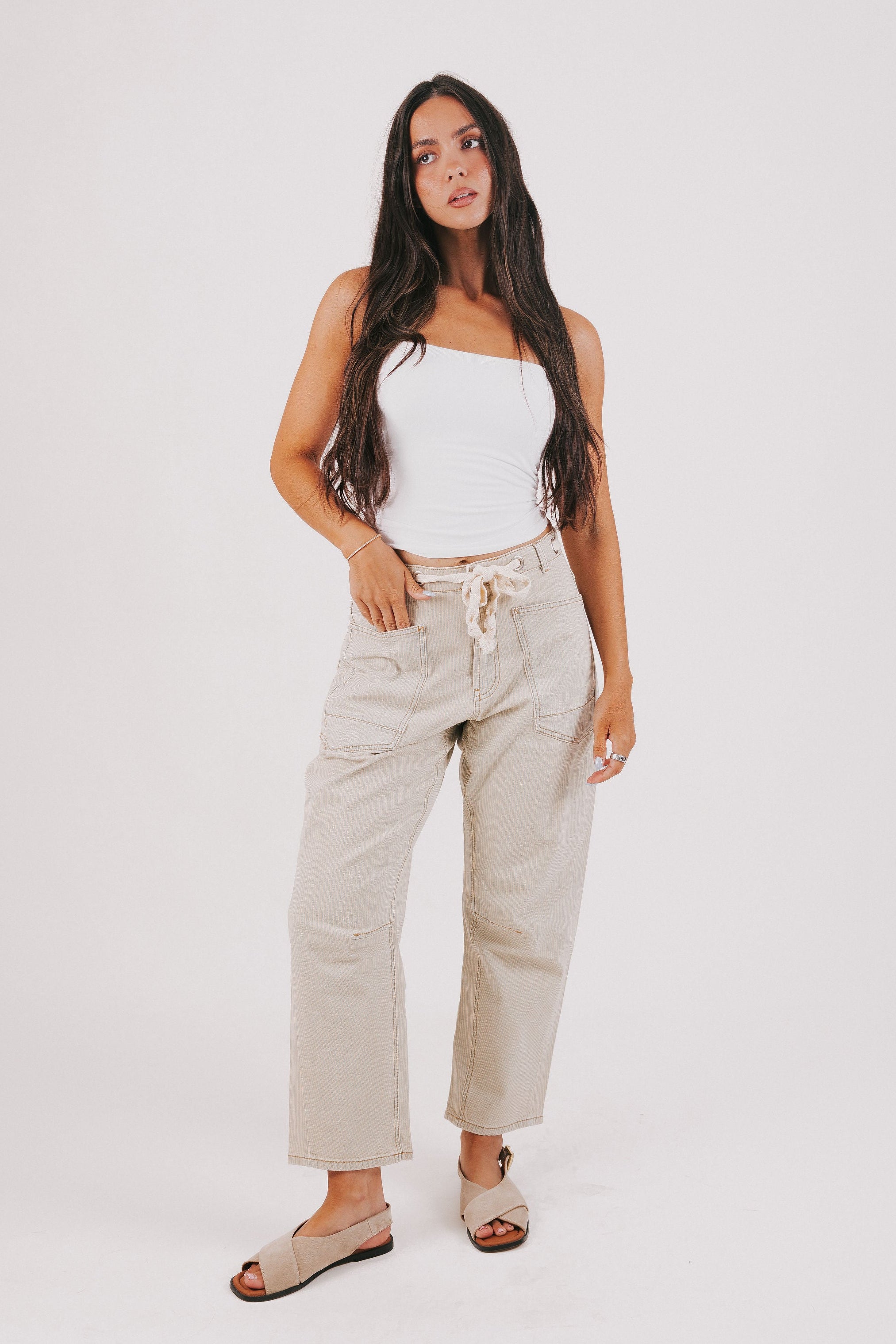 pin striped cropped pants with oversized pockets