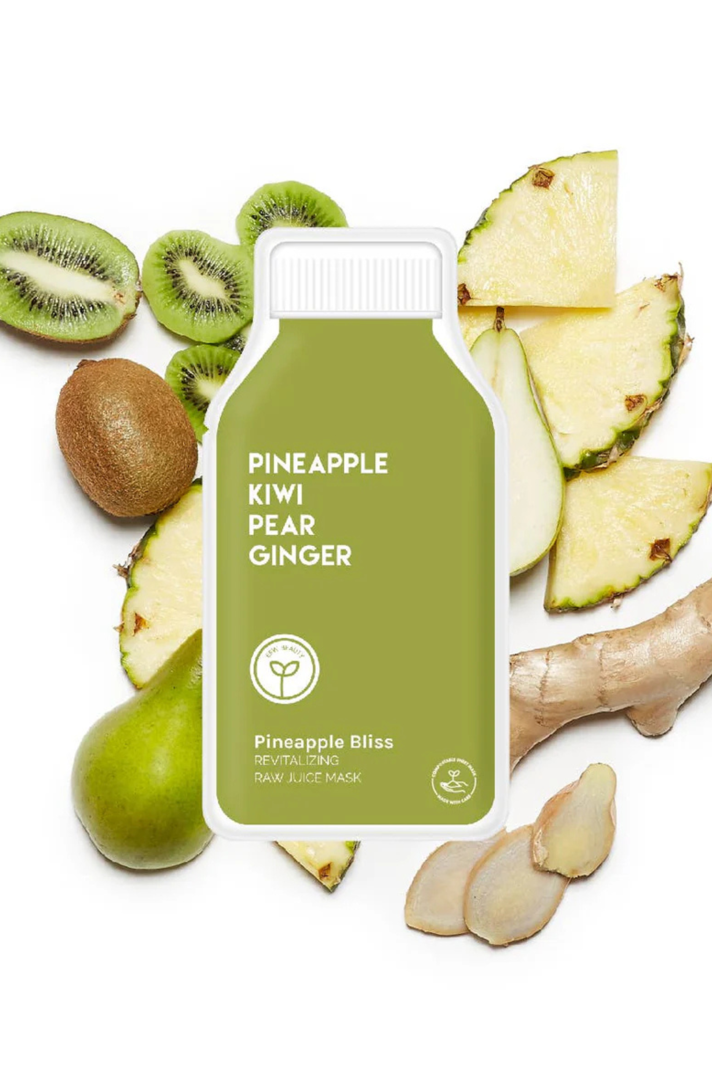 Green face mask labeled 'Pineapple Kiwi Pear Ginger' surrounded by pineapple slices, kiwi, pear, and ginger on a white background.