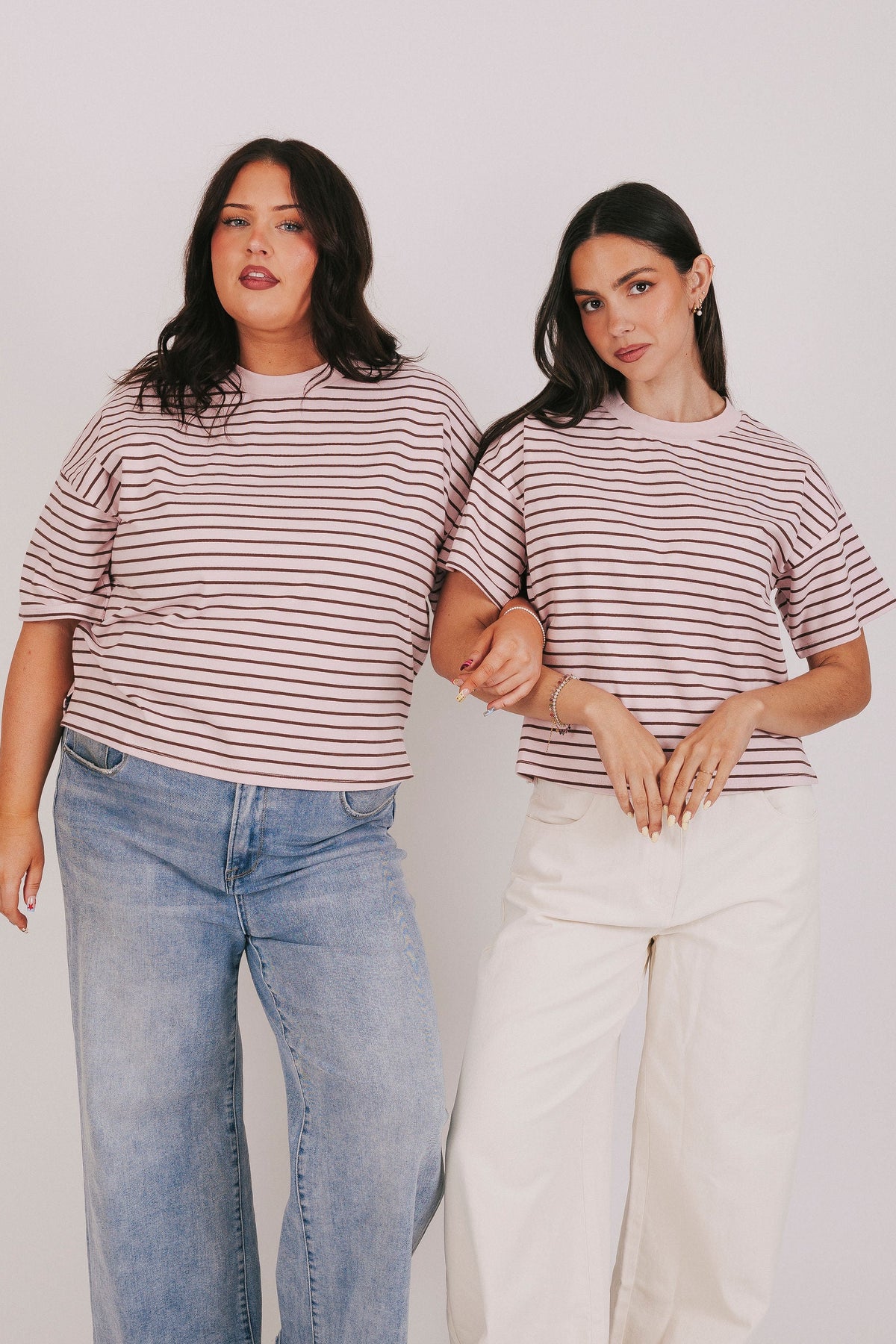 pink and brown striped crew neck tee