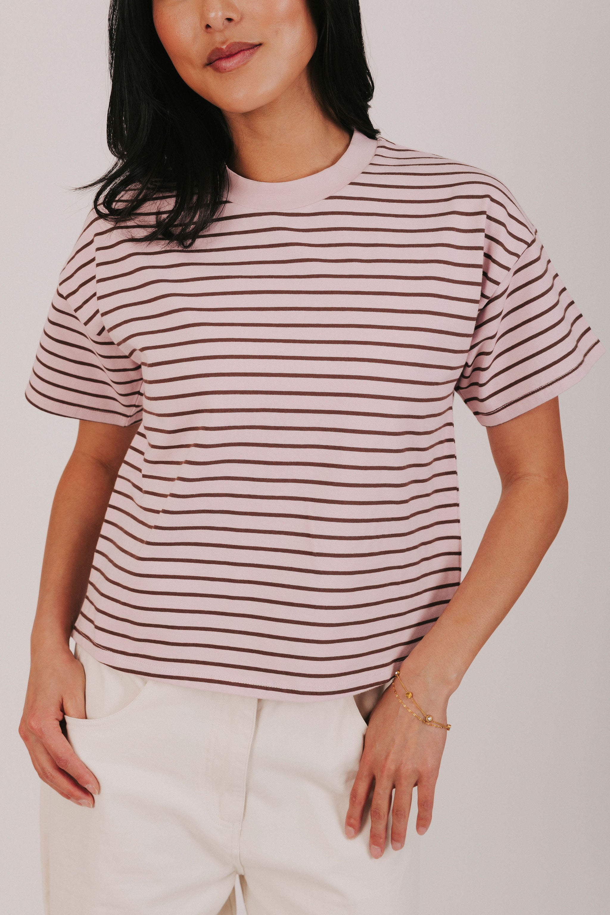 pink and brown striped crew neck tee
